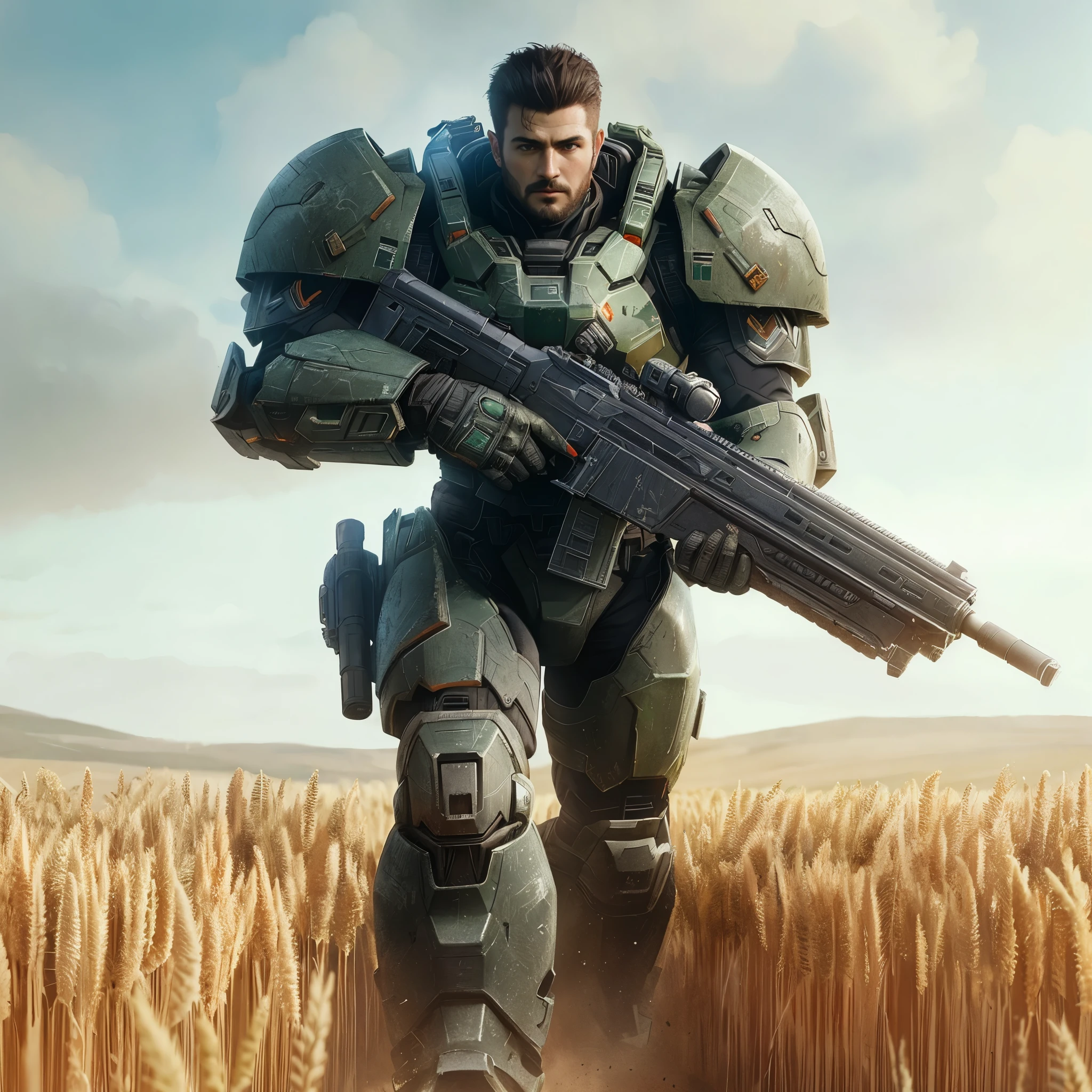 soldado arafiado em um campo de trigo com uma metralhadora, threatening. Irreal 5, Irreal 5. Retrato de RPG, Wojtek FUS, Halo infinito, Halo infinito!!, mjolnir armor from Halo infinito, cara do mal as a soviet soldier, arte cg, cinematic Irreal 5, Doom Slayer de Doom Eterno, jogo de tiro fps, cara do mal, sem texto