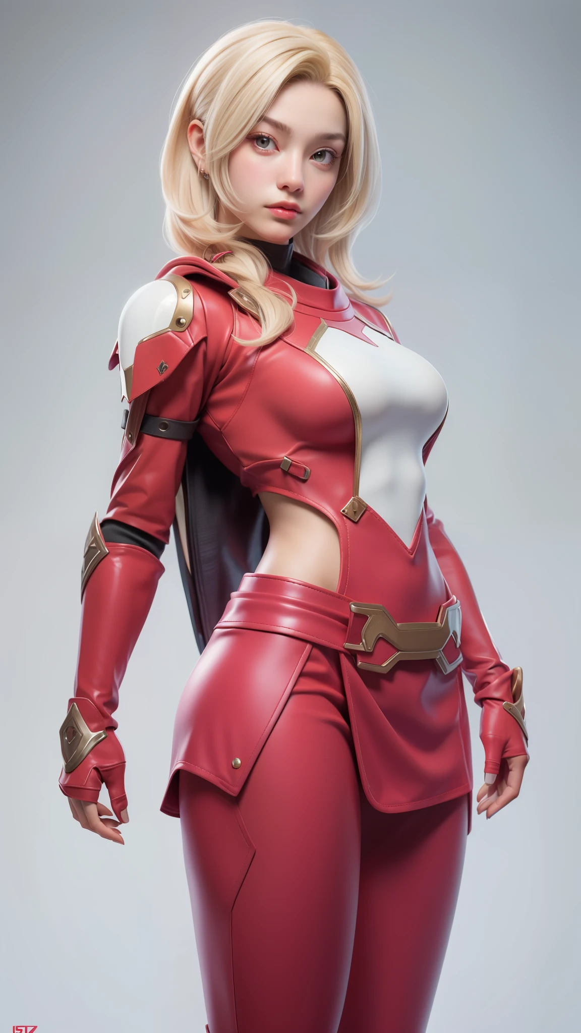 beautiful face woman、blonde、white background、 Beautiful woman、18-year-old、Beautiful woman、ultra-realistic photography、high resolution photos、Red Lipstick Andalorian Style Metal Armor Skirt Suit、Not much skin exposed、Don't cut your head off the screen、tartan check、there's pink there、facing the front