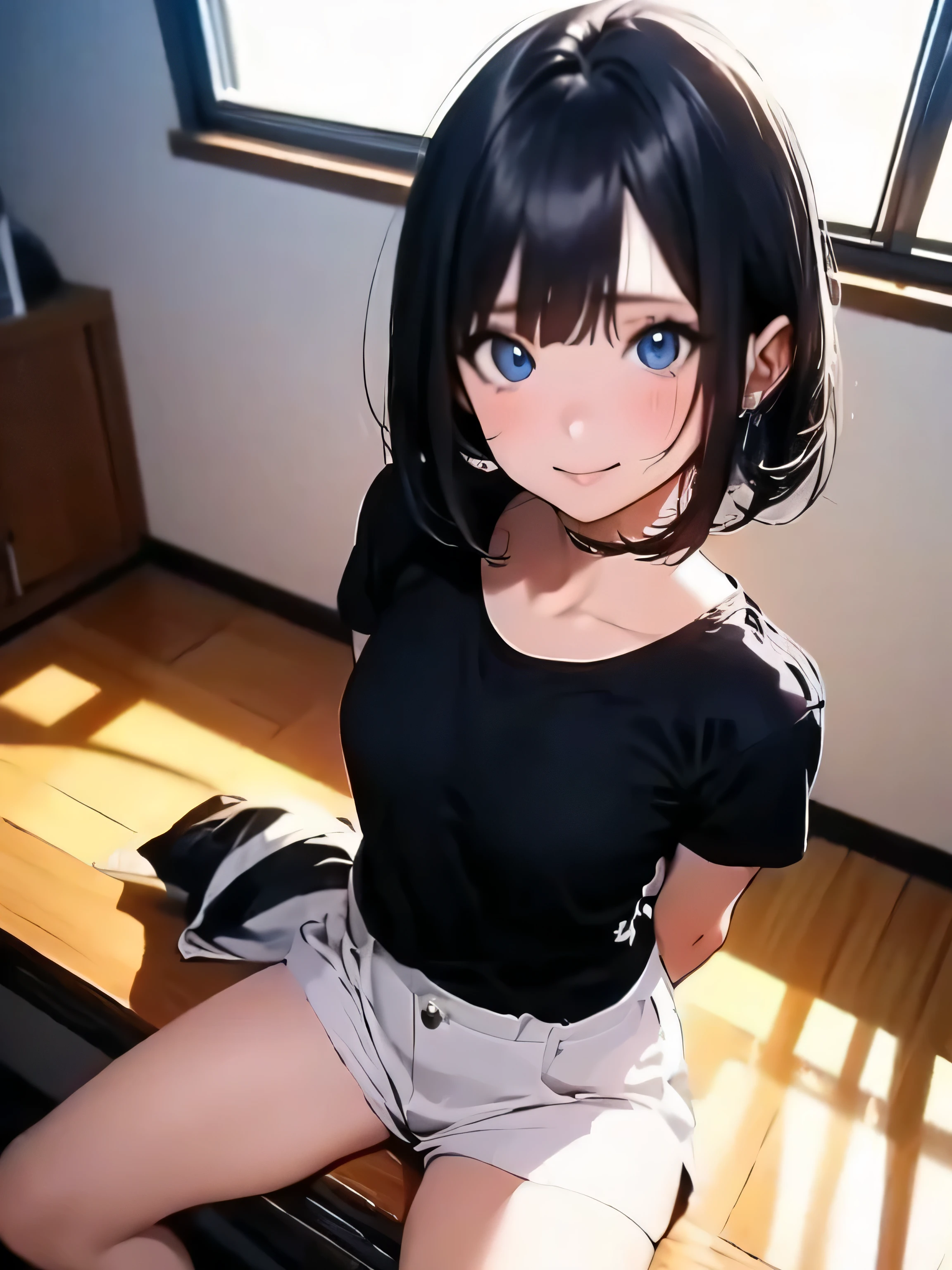 animeスタイル, film portrait photography, ((bird&#39;s eye view)), woman, blue eyes, black hair, short bob hair, wearing a black T-shirt, sit on a chair, ((turn your arms behind your back)), (spread your legs:1.2), anime, Moe art style, 8k, ((high angle)), bird&#39;s eye view,