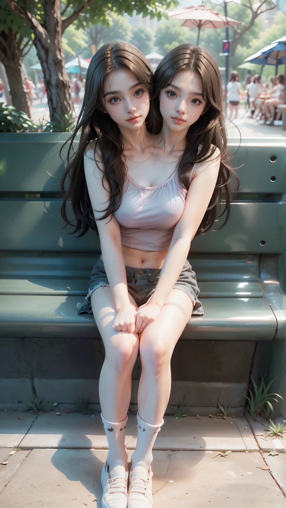 best resolution, 2 heads, Australian model girl two heads, 19 years old, youthful, sitting on a bench in a park wearing a pink top, sitting on a bench, sitting on a park bench, sitting on bench, sit on a bench, profile image, casual pose, at a park, sitting down casually, sitting on a table, sitting on the ground, at the park, full body shot
