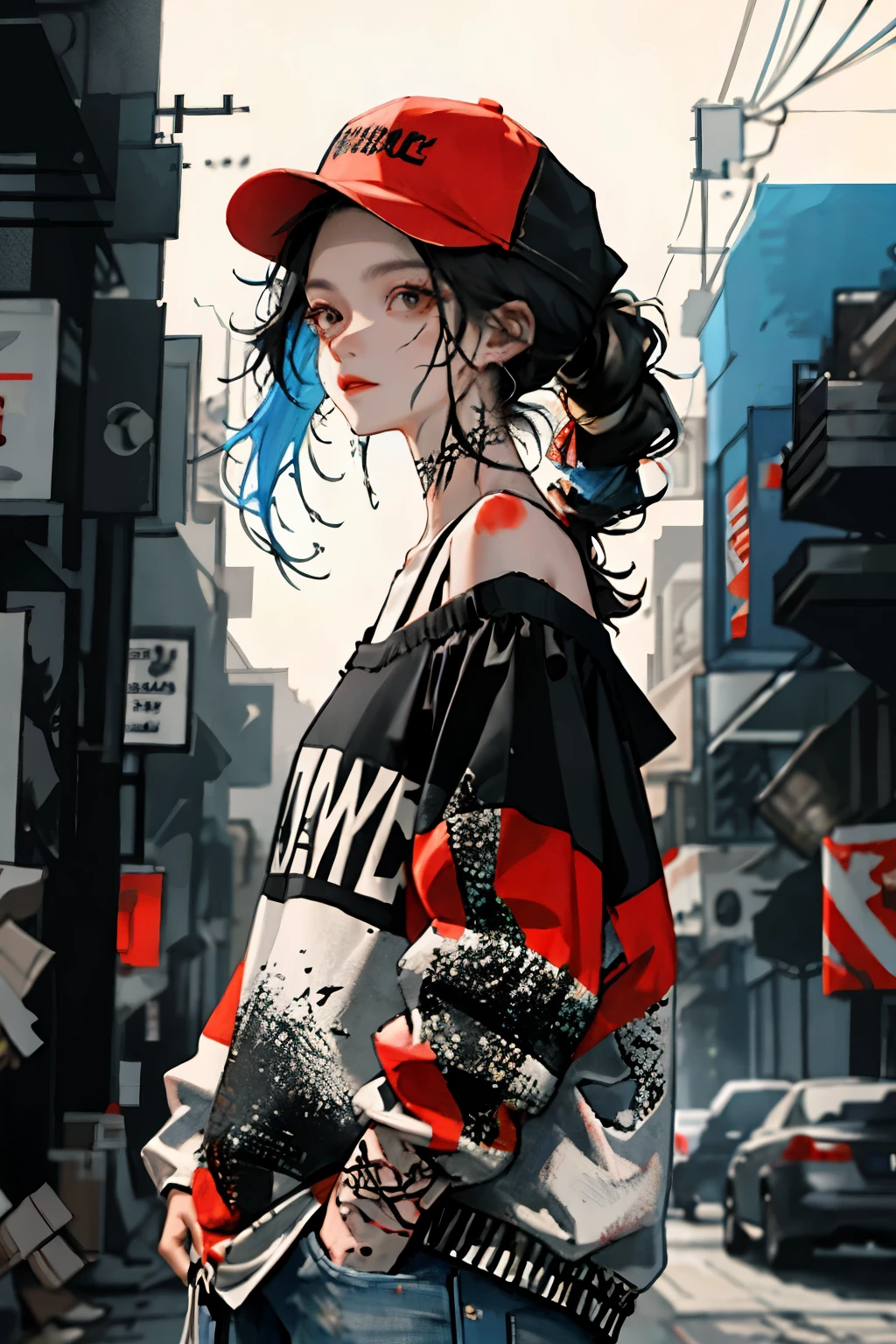 1girll,Back shadow splatter, red paint splatter Sweatshirt(black ish color),face and neck tattoo, An off-the-shoulder garment,baseball cap,Alchemy Laboratory,the mystery of unknown territories,Put your hands in your pockets,random colorful long hair,Shoulder-length hair,Black eyes,Game scene graph, raining street background
