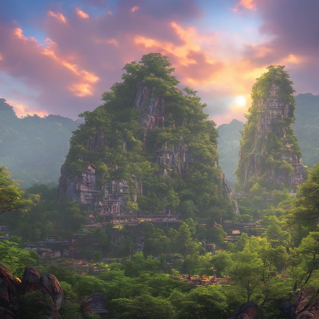 An elven village built in large trees on the side of a sacred mountain, (best quality,4k,8k,highres,masterpiece:1.2), ultra-detailed, realistic:1.37, HDR, UHD, studio lighting, extreme detail description, professional, vivid colors, bokeh, portraits, landscape, (Art style of: Wu Guanzhong), vibrant and dynamic colors, soft lighting.