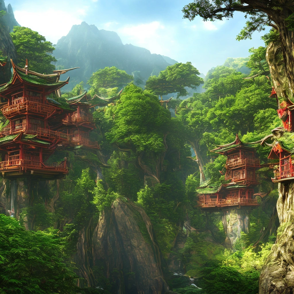 An elven village built in large trees on the side of a sacred mountain, (best quality,4k,8k,highres,masterpiece:1.2), ultra-detailed, realistic:1.37, HDR, UHD, studio lighting, extreme detail description, professional, vivid colors, bokeh, portraits, landscape, (Art style of: Wu Guanzhong), vibrant and dynamic colors, soft lighting.