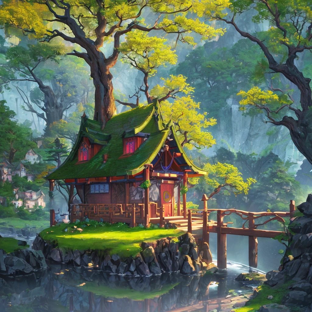 An elven village built in large trees on the side of a sacred mountain, (best quality,4k,8k,highres,masterpiece:1.2), ultra-detailed, realistic:1.37, HDR, UHD, studio lighting, extreme detail description, professional, vivid colors, bokeh, portraits, landscape, (Art style of: Wu Guanzhong), vibrant and dynamic colors, soft lighting.