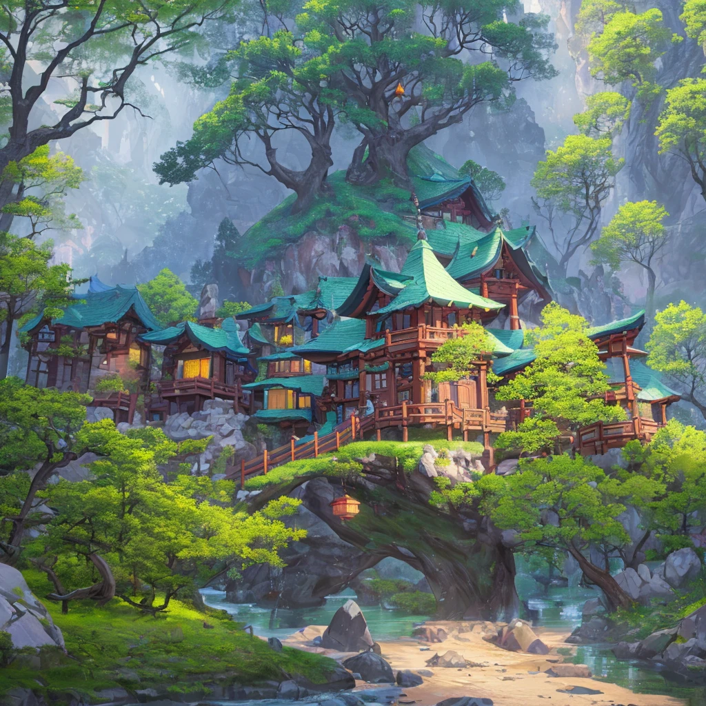 An elven village built in large trees on the side of a sacred mountain, (best quality,4k,8k,highres,masterpiece:1.2), ultra-detailed, realistic:1.37, HDR, UHD, studio lighting, extreme detail description, professional, vivid colors, bokeh, portraits, landscape, (Art style of: Wu Guanzhong), vibrant and dynamic colors, soft lighting.