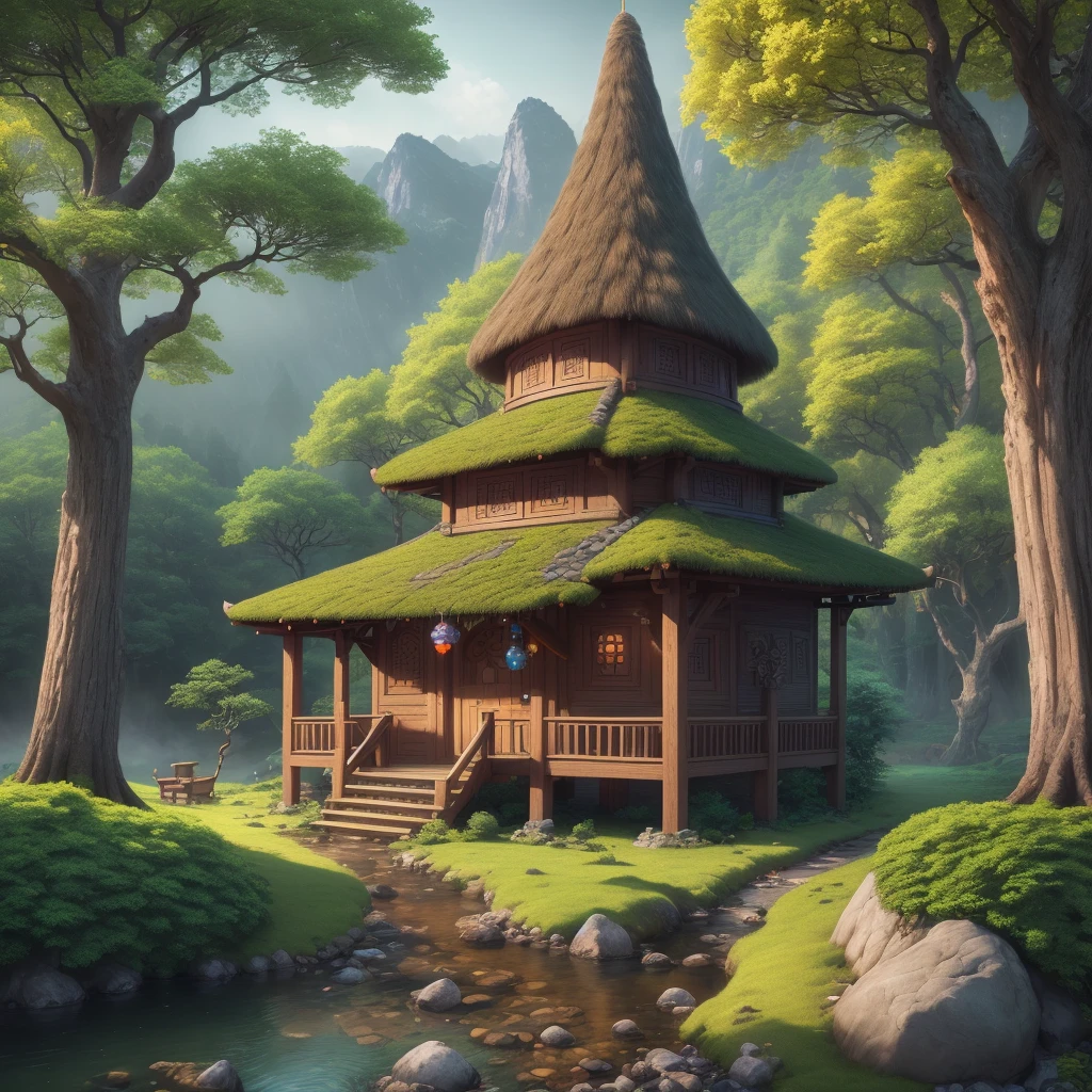 An elven village built in large trees on the side of a sacred mountain, (best quality,4k,8k,highres,masterpiece:1.2), ultra-detailed, realistic:1.37, HDR, UHD, studio lighting, extreme detail description, professional, vivid colors, bokeh, portraits, landscape, (Art style of: Wu Guanzhong), vibrant and dynamic colors, soft lighting.