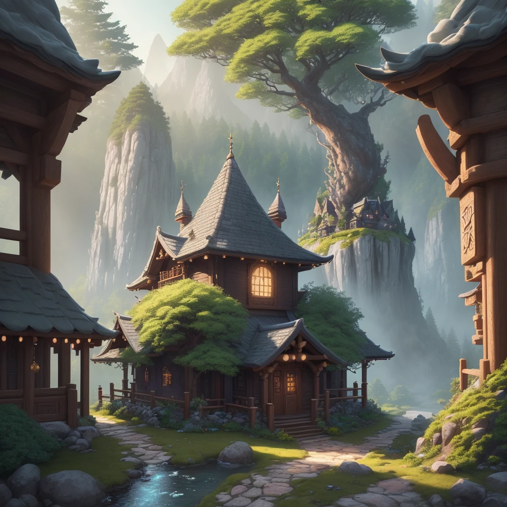 An elven village built in large trees on the side of a sacred mountain, (best quality,4k,8k,highres,masterpiece:1.2), ultra-detailed, realistic:1.37, HDR, UHD, studio lighting, extreme detail description, professional, vivid colors, bokeh, portraits, landscape, (Art style of: Wu Guanzhong), vibrant and dynamic colors, soft lighting.