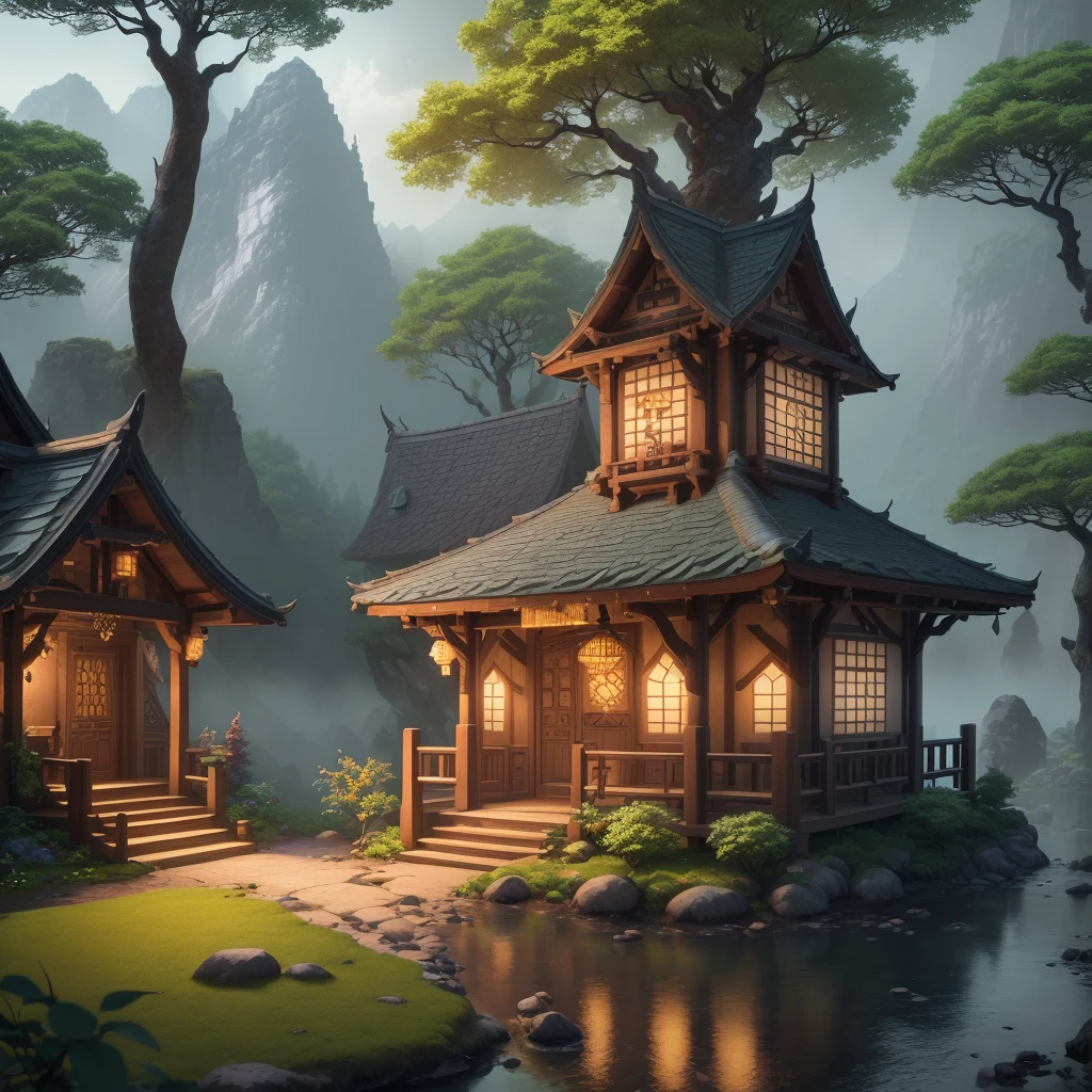 An elven village built in large trees on the side of a sacred mountain, (best quality,4k,8k,highres,masterpiece:1.2), ultra-detailed, realistic:1.37, HDR, UHD, studio lighting, extreme detail description, professional, vivid colors, bokeh, portraits, landscape, (Art style of: Wu Guanzhong), vibrant and dynamic colors, soft lighting.