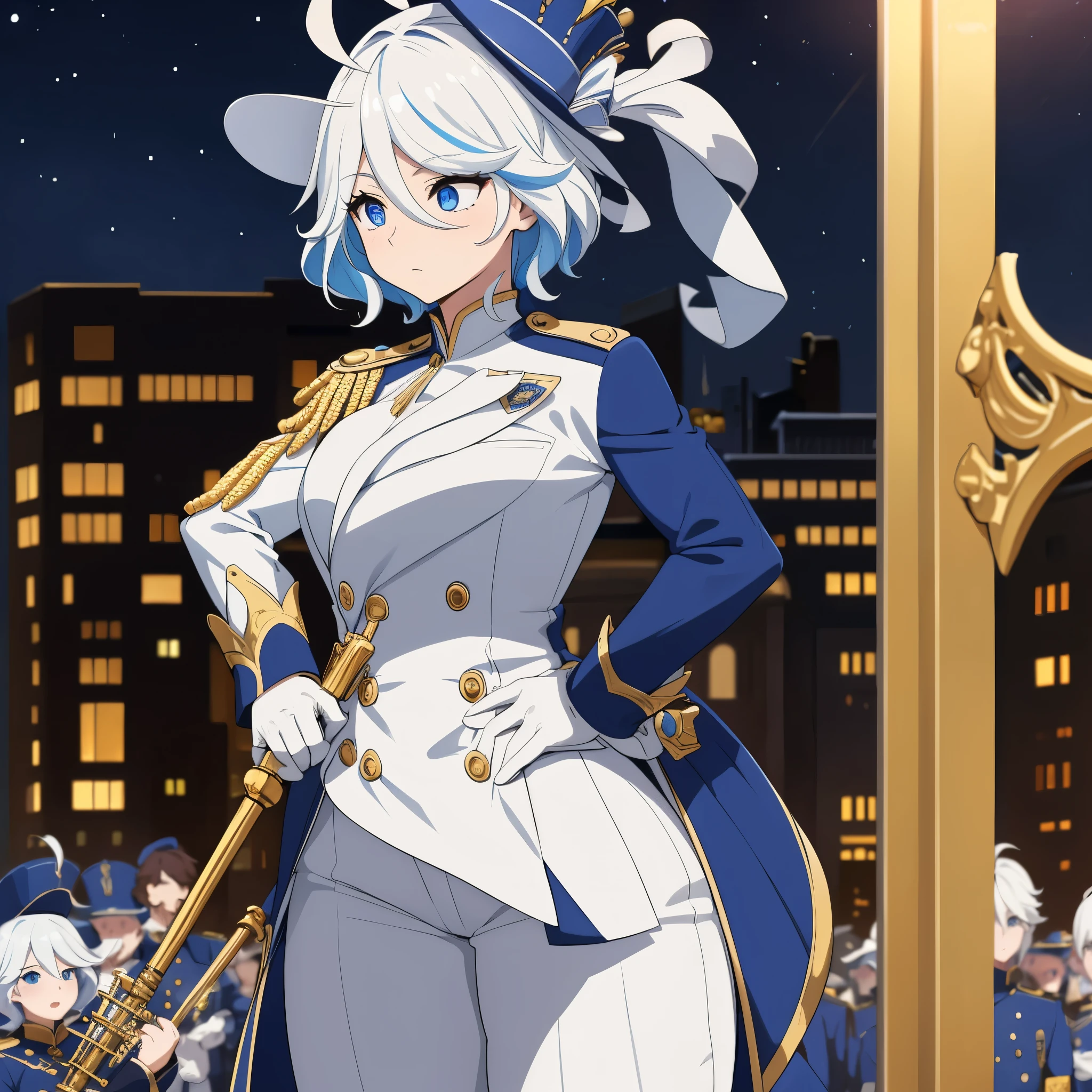 A woman wearing a white martial band uniform with gold details,holding a musical instrument, a white martial band hat, weak blue hair, blue eyes, in a large city at night with several people in the background wearing a martial band uniform.
