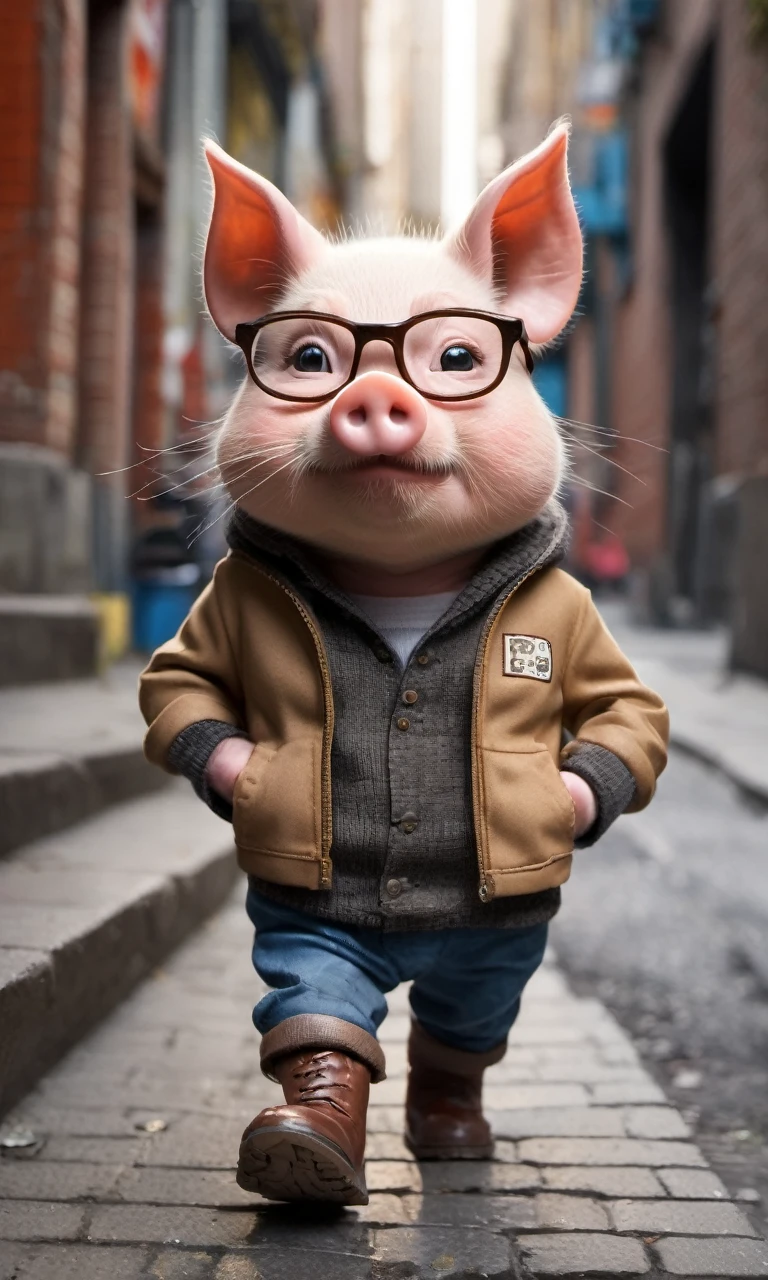 This pig is an amazing urban explorer. It stands and walks in a unique way, Wear casual work clothes, Every step is firm and resolute, As if declaring a challenge to the city. Its boots are a big brand, Because it chooses stylish footwear to stand out in the urban landscape. Walk through the bustling city streets, it faces head-on challenges, Exuding confidence and courage. The cat is a unique star in the urban environment, attracted countless onlookers, Not only because of its unique clothing，But also because of his unwavering determination and personality,Create a super cute image that combines style and cuteness,Leonardo style,Detail Master 2