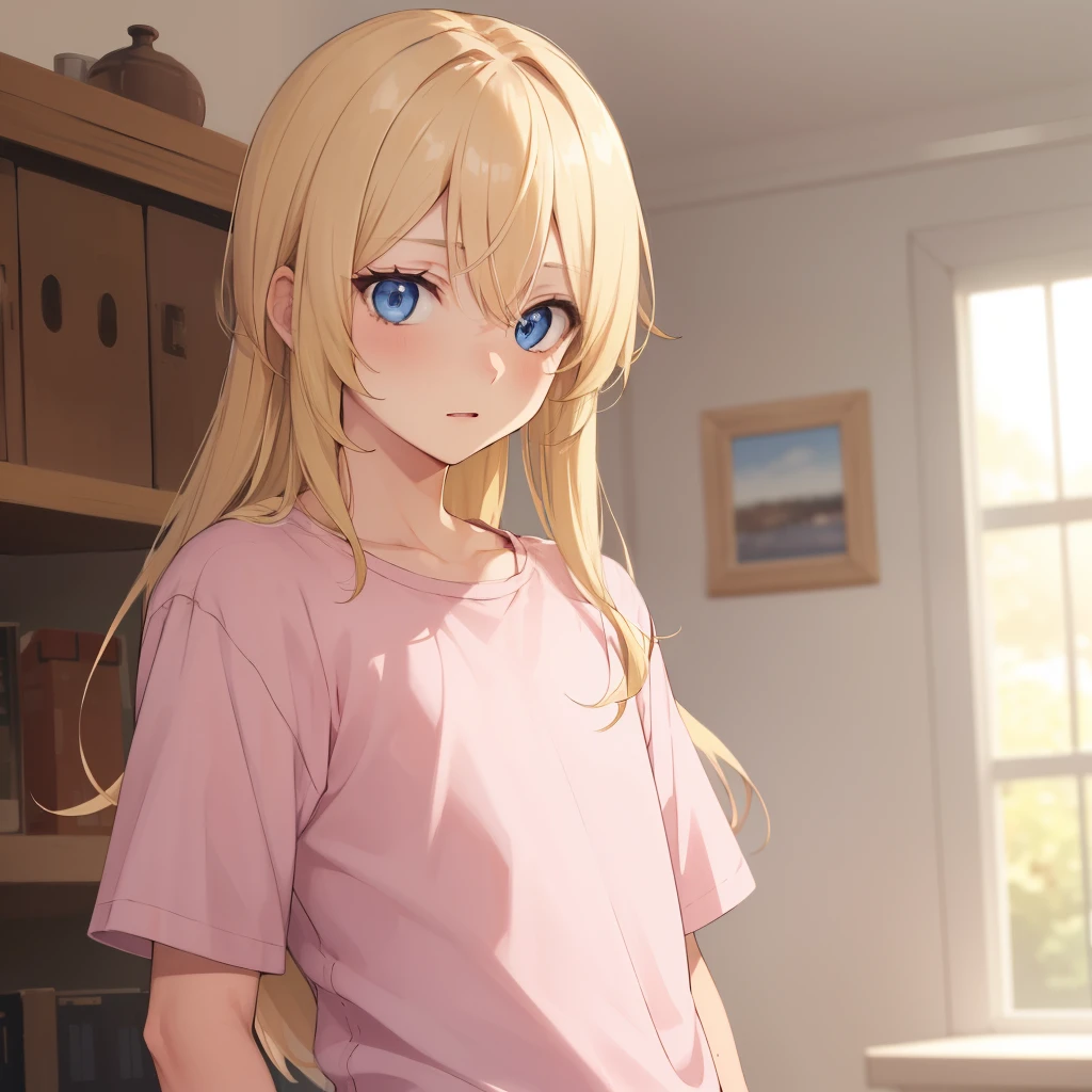 1boy, blonde hair, blue eyes, long hair, pink shirt 