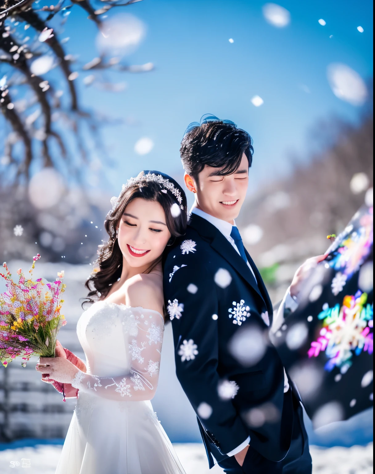 (best quality, 8k, high resolution, masterpiece:1.5, ), A handsome man and beautiful woman get married. black hair. perfect human anatomy, (Colorful、Sparkling little snowflakes dance on the screen.:1.3), Blooming cherry blossom trees in beautiful snowy landscape, sunshine on snowy mountains, sparkling light effect, professional lighting, Professional photographer, professional model