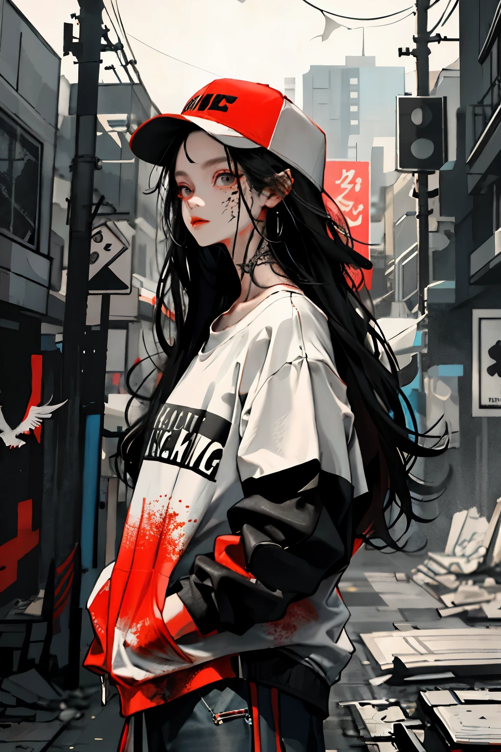 1girll,Back shadow splatter, red paint splatter Sweatshirt(black ish color),face and neck tattoo, An off-the-shoulder garment,baseball cap,Alchemy Laboratory,the mystery of unknown territories,Put your hands in your pockets,random colorful long hair,Shoulder-length hair,Black eyes,Game scene graph, raining street background