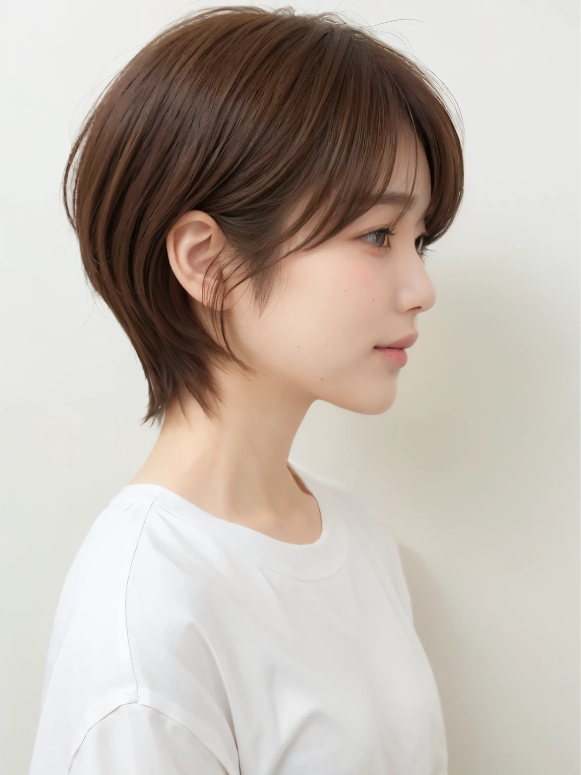 white wall、Taken in front of the white door、(8k、Live shooting、highest quality、masterpiece:1.2)、High-definition RAW color photo、light gray long sleeve shirt、professional photos、(genuine、フォトgenuine:1.37)、Photographed in natural light、1 girl、lazy smile、(various poses)、Blake is (ombre:1.3) 、spring clothes、simple necklace、don't look at the camera、profile、shortcut、((brown hair))、short hair、Eye color is dark brown、(Beautiful profile:1.3)、correct hand of human body、look down
