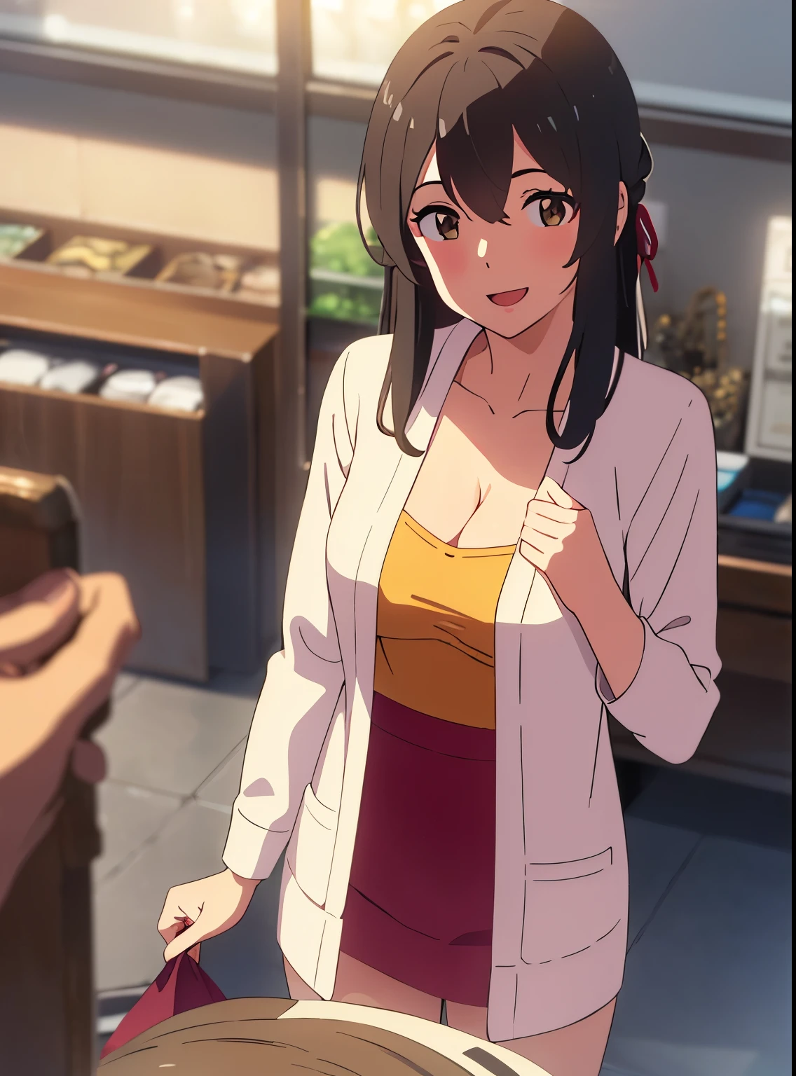 shinkai makoto, kimi no na wa., 1girl, bangs, black hair, brown eyes, open mouth :D, Twisted Half Up, red ribbon, long hair, long sleeve light yellow cardigan, open shirt, yellow shirt, cleavage, breast, medium breast, Orange shirt, name tag written "LUMINE Miyamizu", looking at the viewer, indoors, jewelry products, jewelry shop, jewelry saleswoman, indoors, mall, masterpiece, perfect anatomy, cowboyshot, POV (POV boy's hands holding girl's chest POV