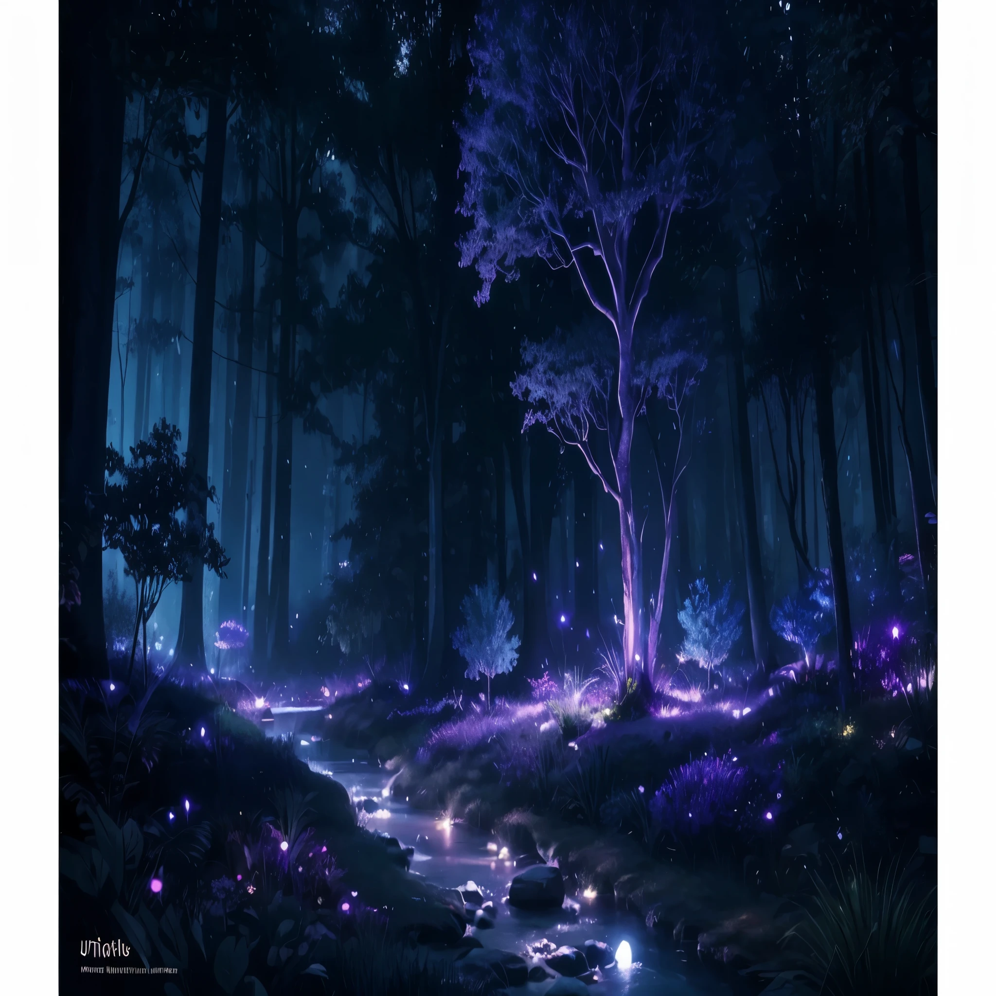 (best quality,ultradetailliert,Realistisch:1.37),magisch, ethereal, Nacht, lebendige Pflanzen, mystical atmosphere, Leuchtende Pflanzen, Firefly, enchanting atmosphere, Dark Backgrounds, dunkelviolettes blaues Farbschema, forest at Nacht, Baum des Lebens, leuchtender Fluss, Fantasie