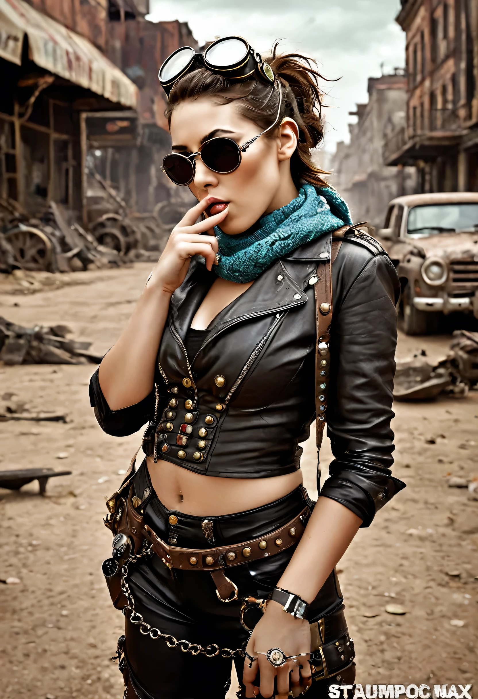 ambiente steampunk, dramatic art, estilo de arte dieselpunk, apocalyptic road warrior vibe, a beautiful girl wearing beautiful mirrored sunglasses that reflect everything around her, Ela&#39;is pointing the finger at the horizon, ela tem o rosto sujo de graxa, Ela has a scarf covering her mouth, ela tem o rosto sujo de graxa, Arte digital surreal, Mad Max inspirado, heavy metal artwork, simetria da face cromada, arte Steampunk digital, It&#39;s not the Mad Max style, metal art, It&#39;s not Filip Hodas&#39; art style, arte digital steampunk, dieselpunk, in a world with dilapidated and smoky buildings in a dystopian future
