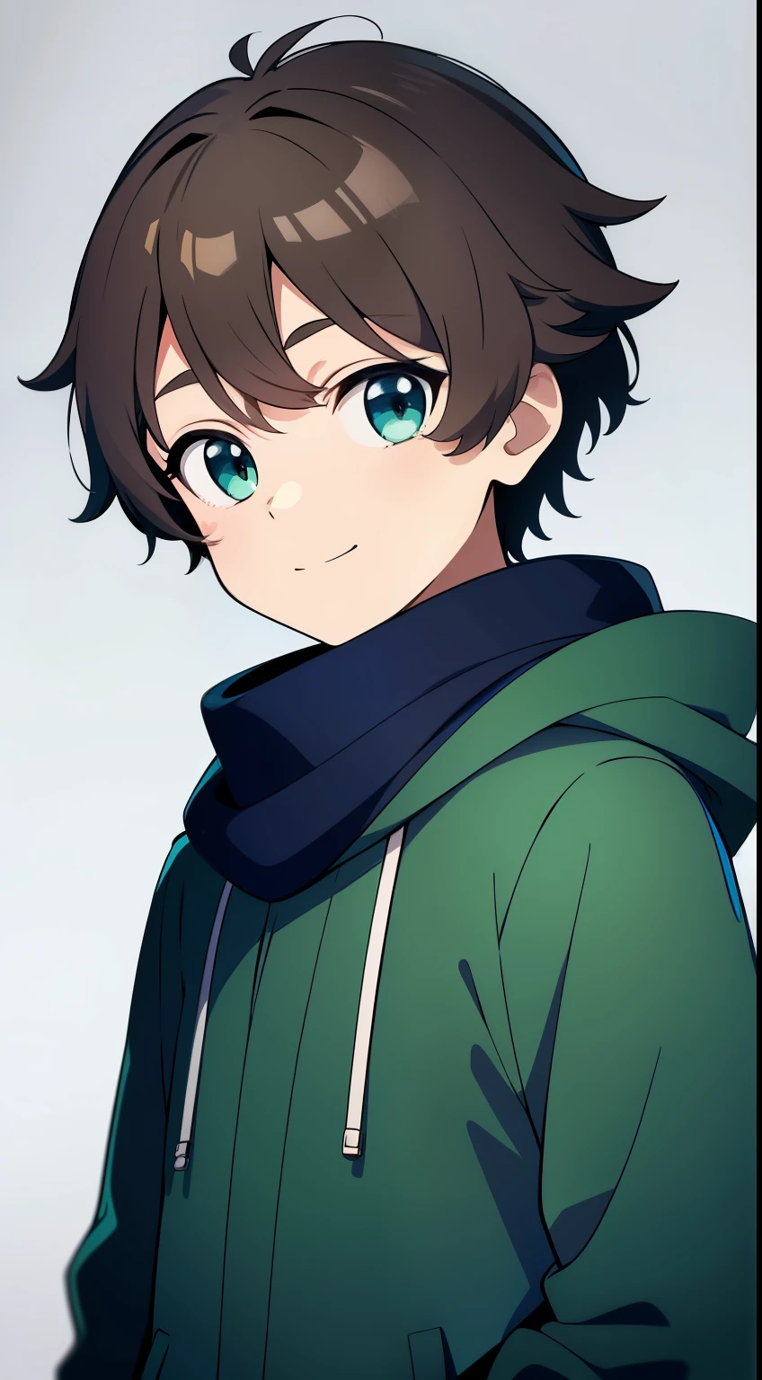 (high-quality, breathtaking),(expressive eyes, perfect face), 1boy, male, solo, grey background, dark brown hair, green blue eye color, fluffy hair, short hair length, wavy hair, scarf, green and white hooded jacket, dark blue shirt, childrens clothing, decals, age 6, cute face, soft round eyes, cute smile, adolescent age, kid age, short