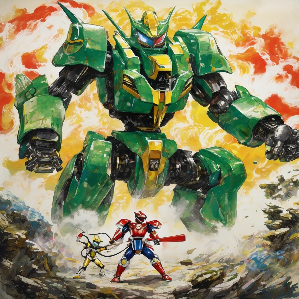 A 'super sentai' robot battling a giant robot alien beast. Epic struggle captured on rice paper  in the art style of Wu Guanzhong