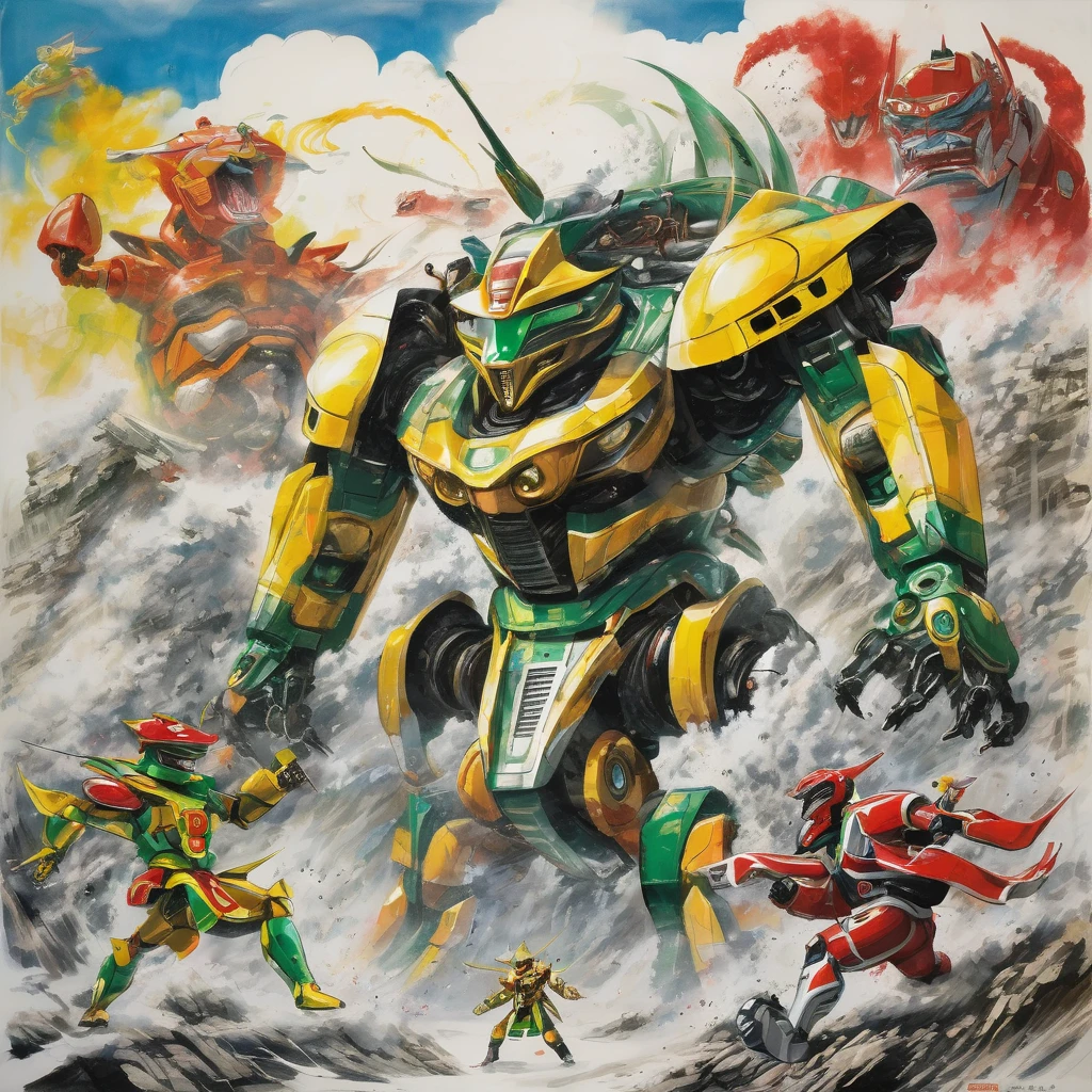 A 'super sentai' robot battling a giant robot alien beast. Epic struggle captured on rice paper in the art style of Wu Guanzhong