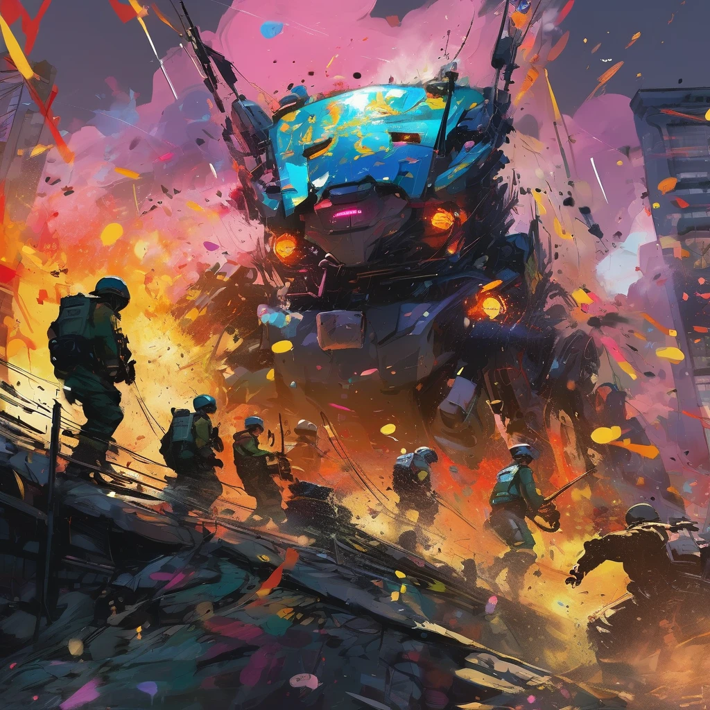 (best quality,4k,highres), (realistic:1.37), ultra-detailed, (professional), (vivid colors), (bokeh), vintage paper texture, Wu Guanzhong's art style, dynamic brush strokes, intense battle scene, intricate details, power-packed punches and kicks, towering buildings crumbling, vibrant explosions, energy bolts and beams, sparks and smoke, dramatic lighting, intense facial expressions, determined robot pilot, menacing alien beast, epic struggle of good vs evil, frenetic action, deep perspectives, attention to anatomy and proportions