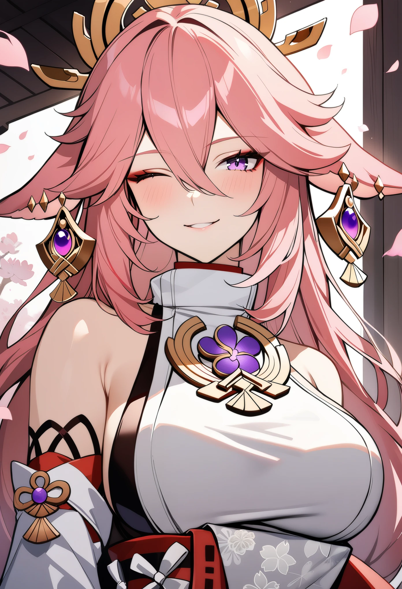 1girl, yae miko, genshin impact, upper body, pink hair, very long hair, fox ears, white shirt, breasts, looking at viewer, smile, one eye closed, petals, masterpiece, best quality