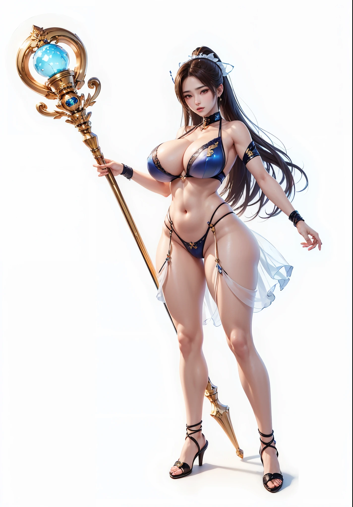 Replace the people in the picture，Magic wand in hand，8k，ultra high resolution，ultra high definition，masterpiece，high ponytail，huge breasts，(((Anatomically correct)))，perfect face，supermodel，Delicate skin,