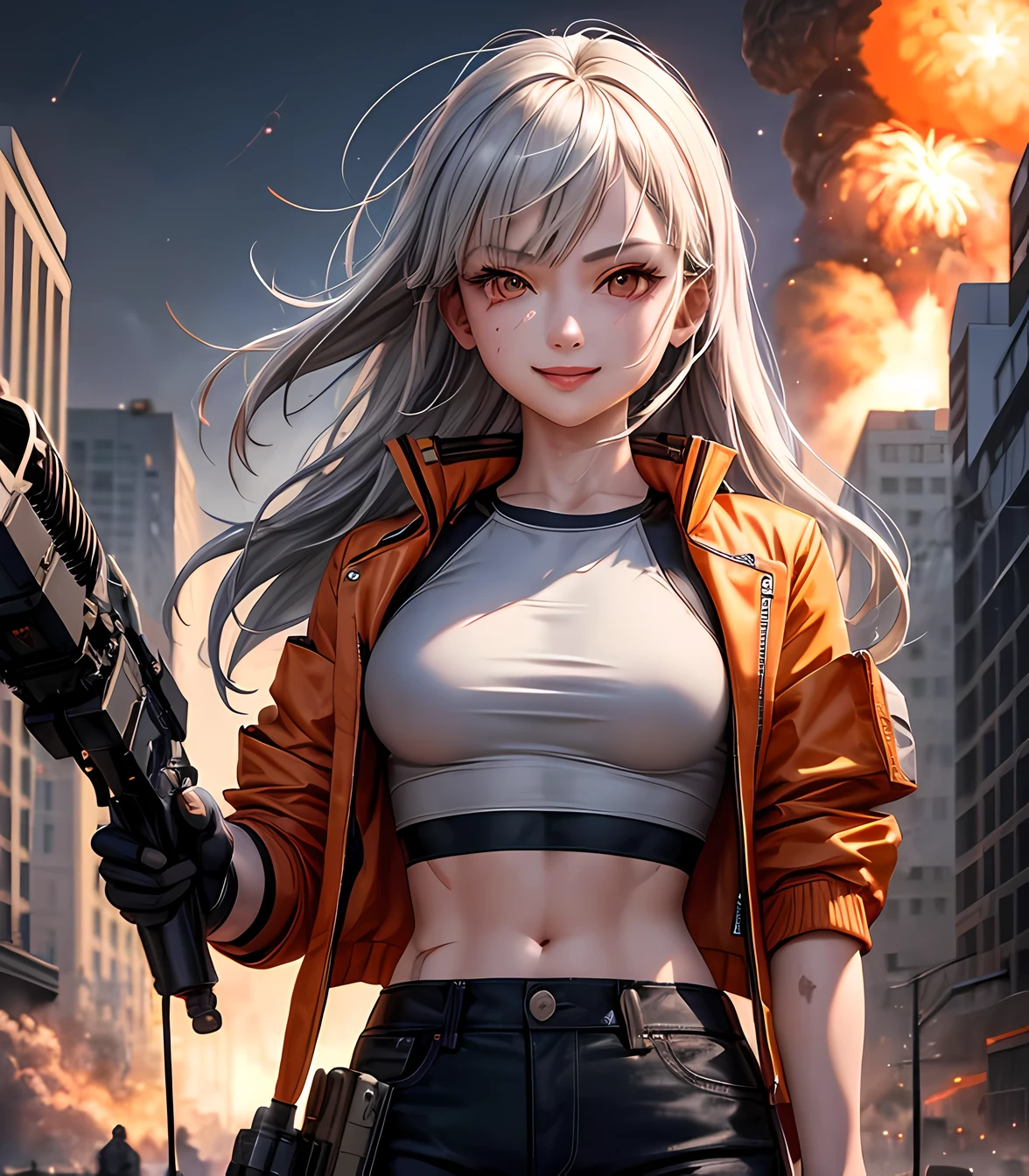 masterpiece, best quality, 1 girl, gray hair, (orange eyes:1.0), torn clothes, crop top, jacket, (carrying missile launcher:0.9), rocket missile fire, blow up the city, (explosions in background:1.3), evil smile, realistic, detailed face, (upper body:1.2), (dirty body), (bruises, scars)