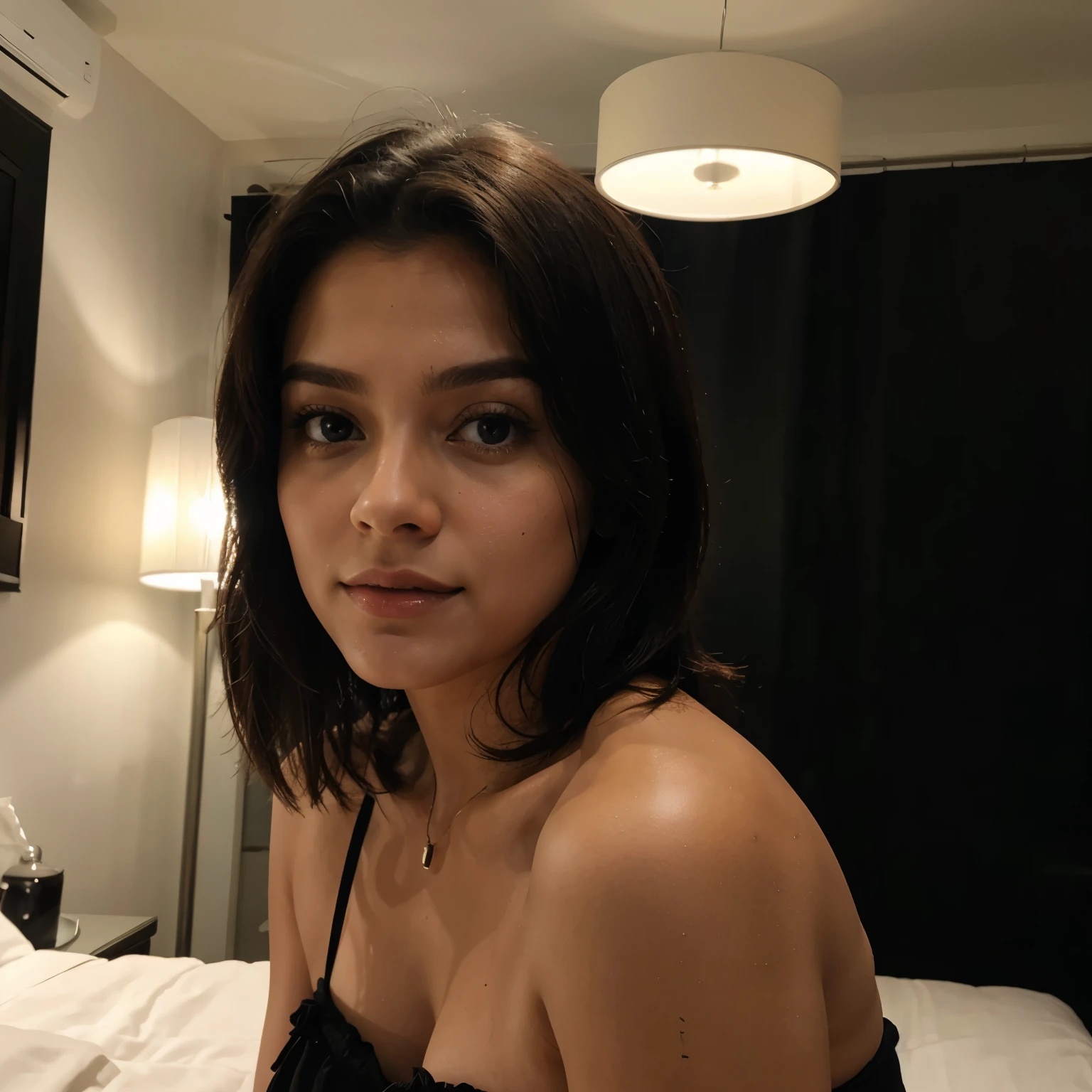 foto crua e sensual de {uma jovem, cabelo preto, tailandesa, em um luxuoso quarto de hotel, hiperrealismo, 8K UHD, textura de pele realista, pele imperfeita, tirada com iphone 13, altamente detalhada, obra-prima