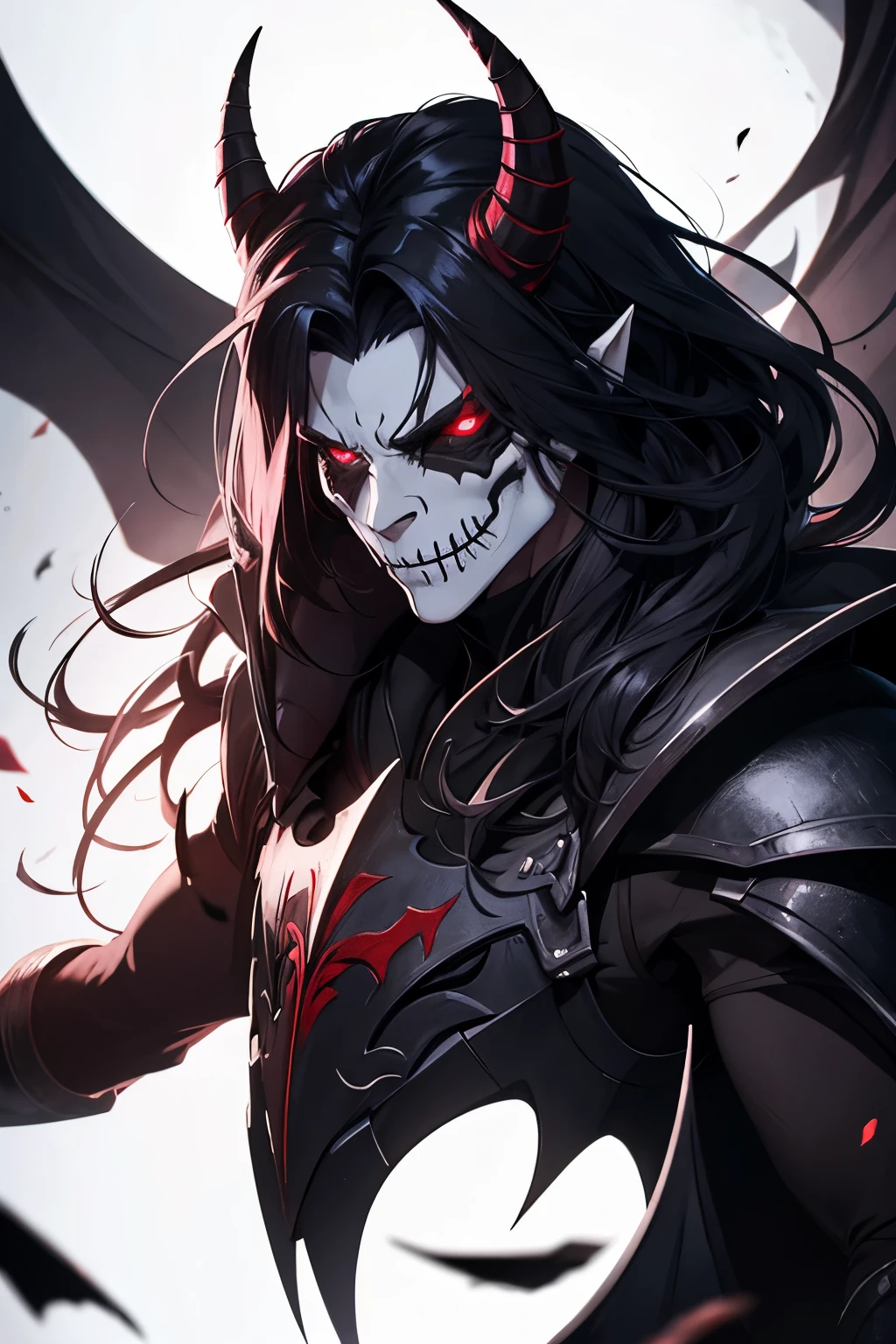 male tiefling, tiefling, dnd, 1male, red eyes, pale white skin, ((messy long black hair)), knight armor, black armor, paladin, devil, demon, fiery background, ((skull face paint))