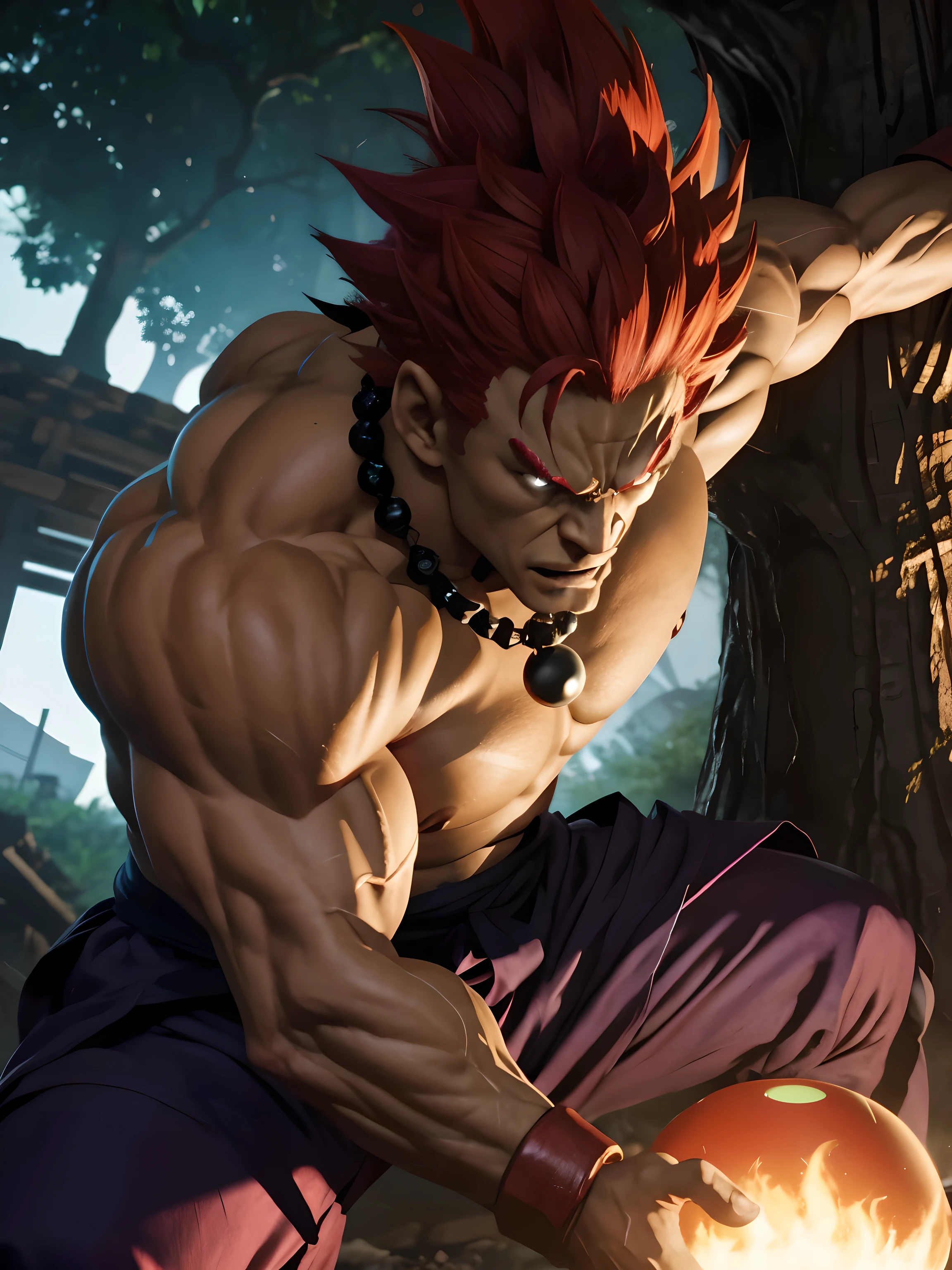 AKUMA personagem de game street Fighter, Giant fighter wearing a spherical monk necklace, sober,  apenas, forte, poderoso,  destroying a tree. 