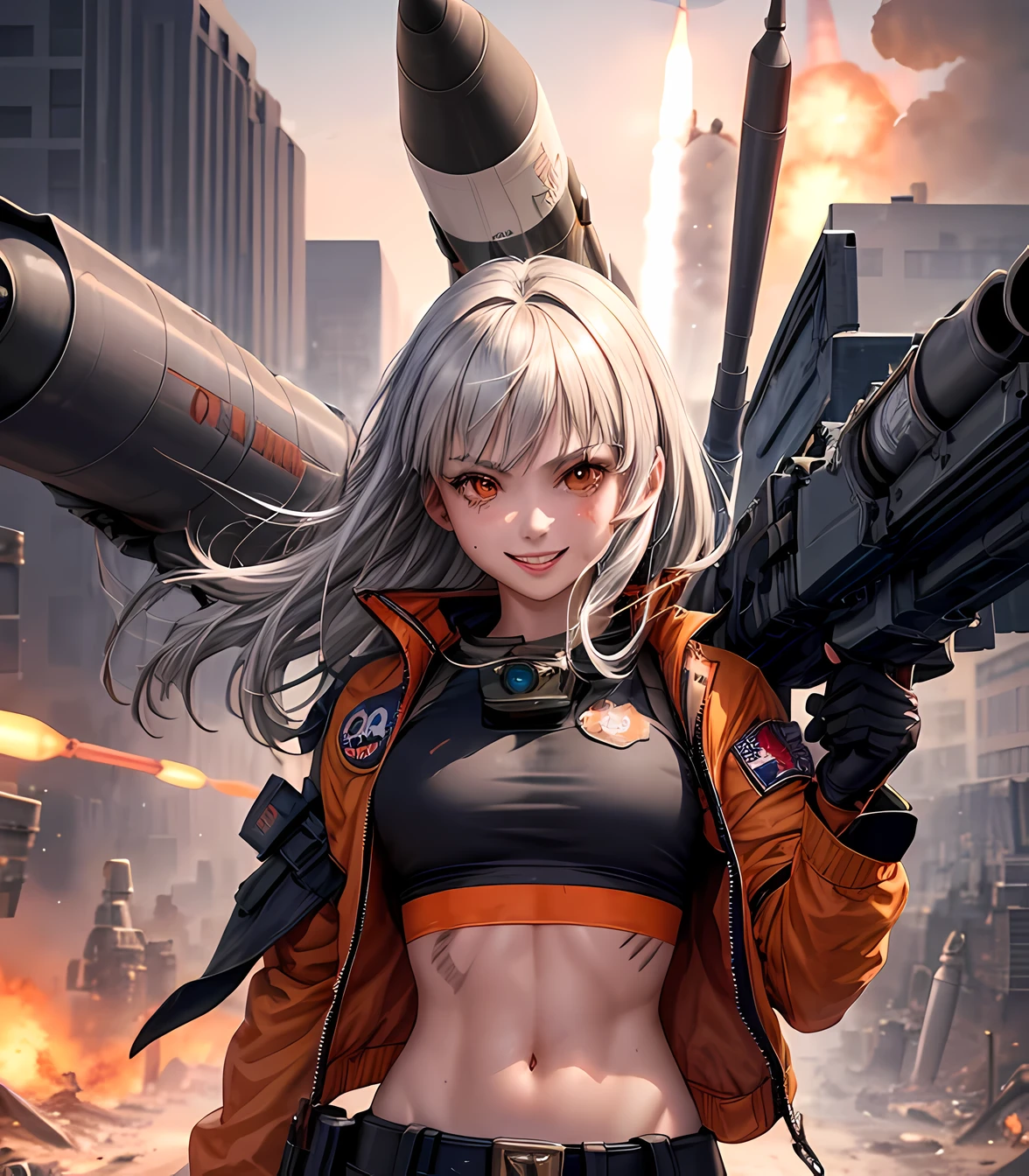 masterpiece, best quality, 1 girl, gray hair, (orange eyes:1.0), torn clothes, crop top, jacket, (carrying missile launcher:1.4), rocket missile fire, blow up the city, (explosions in background:1.3), evil smile, realistic, detailed face, (upper body:1.2), (dirty body), (bruises, scars)