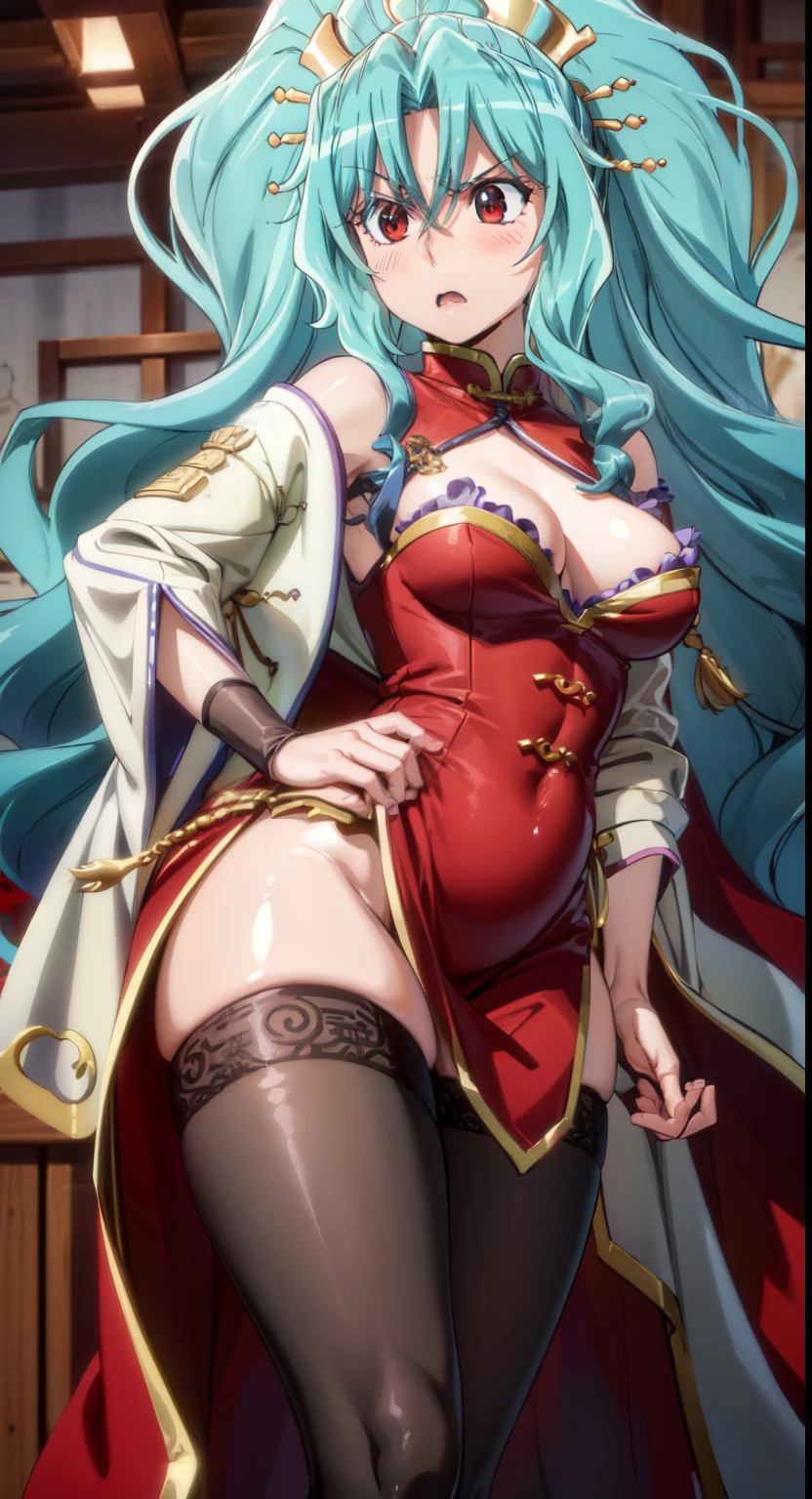 (Masterpiece, High Quality, Top quality, High-Detailed, Detailed CG, Cinematic Shadow, Cinematic Scene, Beautiful Detailed Eyes, Ultra Resolution, Depth of Field), Looking At The Audience, (Blush Expression:1.2), (Angry Expression:1.2), (Erotic Expression:1.0), (NSFW:1.2), Red Eye, Blue Hair, Five Fingers, Good Composition, Curvy, (China Dress), (Chinese Clothes), (Bare Legs), (Frilled Skirt), Thicc Thighs, Thick, Large Breasts, Huge Breast