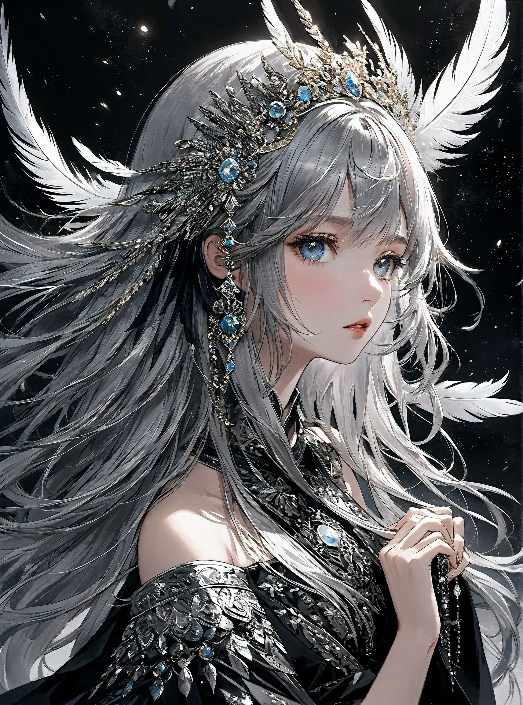 (((masterpiece))),最好of质量, illustration,(美丽细致of女孩), a girl ,独自of,裸露of肩膀,平坦of_CHST,钻石和耀眼of眼睛,美丽细致of冷面,很長of藍色和銀色頭髮,飄逸of黑色羽毛,curls,Black and white sleeves,Gold and silver tassels,A (black hole) 女孩of身後,鑲嵌黑曜石of銀色三重王冠,(sit) On black ((throne)), (depth) of (site)