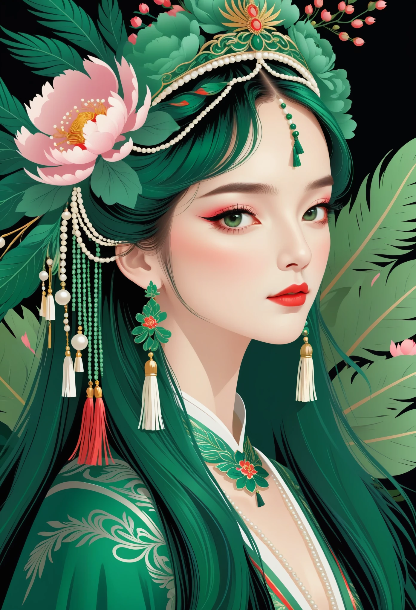flat,vector,Meticulous,Simple lines,beautiful girl,portrait,green long hair,Phoenix crown,Tassel headdress,Crown of pearls,Black, Peony background,round background