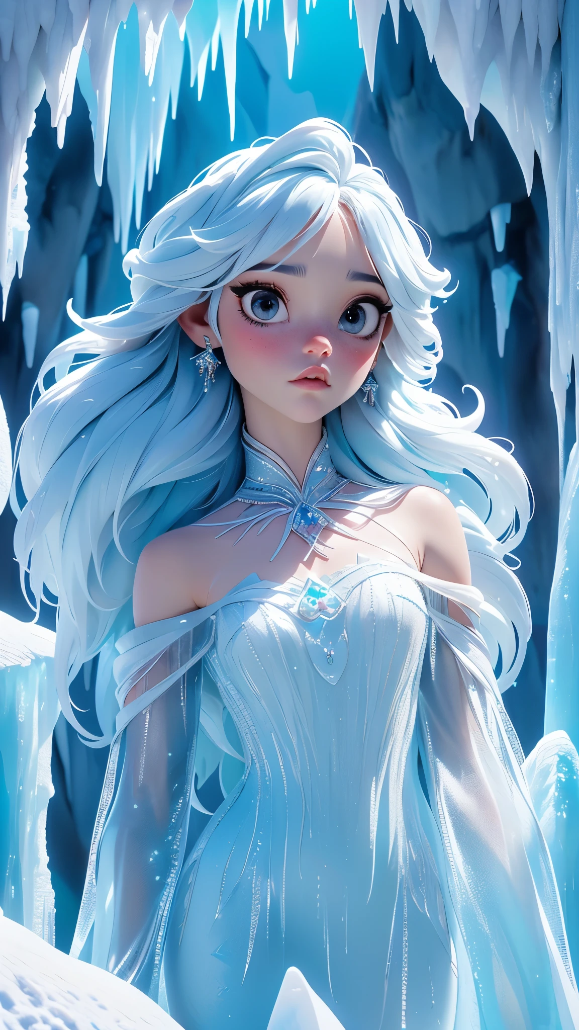 (La mejor calidad,A high resolution,Ultra - detallado,actual),Jenna Ortega lenceria blanca, con cabello medio liso, (background cave antarctica frozen thread :1.4),(fondo bosque congelado hielo :1.4) ,( Jenna Ortega v2.1), (elemento hielo :1.4),( lenceria blanca :v2.1)