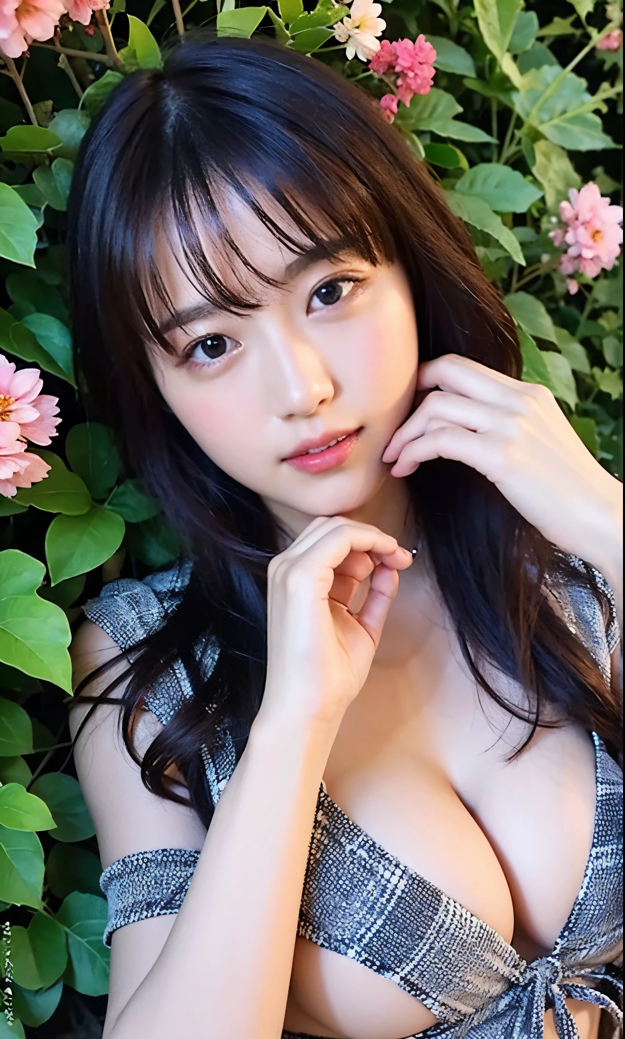 a beautiful girl sleeping in a flower garden, bikini clothes, beautiful face, beautiful lips, cleavage,