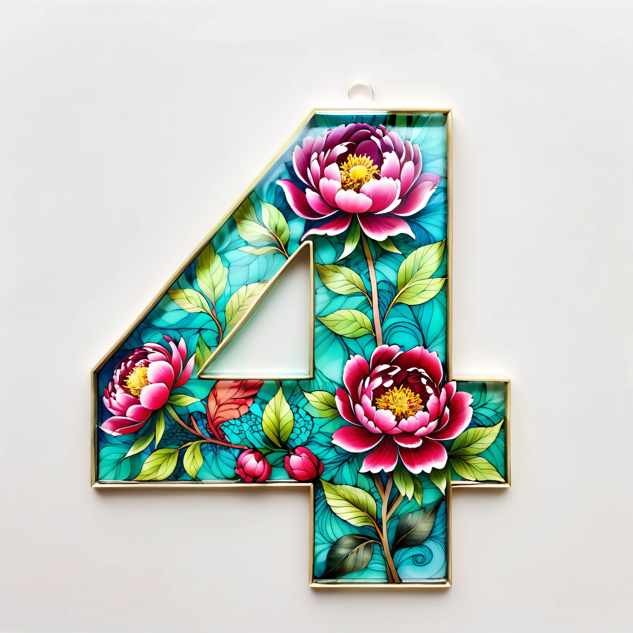 White background,Transparency Glass number four,(colorful Peony),Chinese color,Very colorful,(zentangle:1.2), (geomerty:1.2)