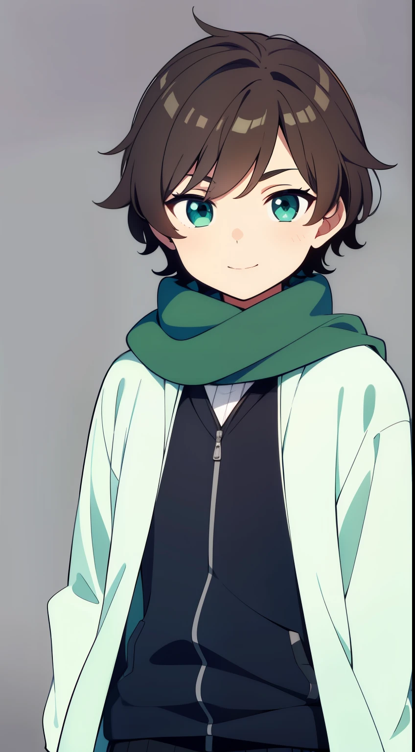 (high-quality, breathtaking),(expressive eyes, perfect face), 1boy, male, solo, grey background, dark brown hair, green blue eye color, fluffy hair, short hair length, wavy hair, scarf, green and white hooded jacket, dark blue shirt, childrens clothing, 4 leaf clover on clothing, 6, cute face, soft round eyes, cute smile, adolescent ageid agt, stylized jacket