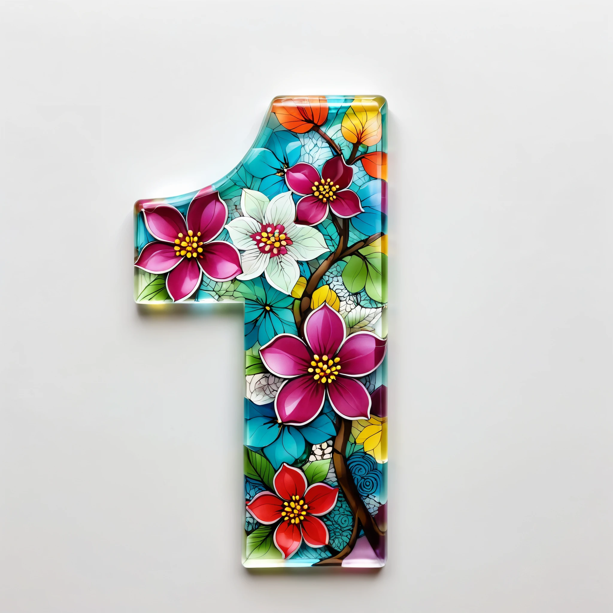 White background,Transparency Glass number,(colorful Plum blossom),Chinese color,Very colorful,(zentangle:1.2), (geomerty:1.2)