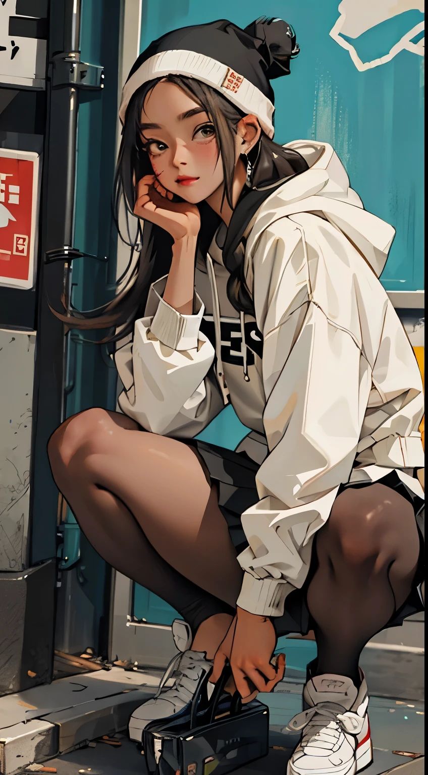 (best quality, masterpiece), 1girl, hoodie, long hair, street, crouching, looking at viewer, beanie, skirt, makeup, piercing, pantyhose,