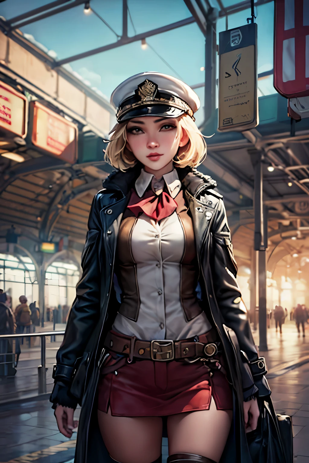 1 girl,  aviator hat ,   solo,   steam punk, train station,  , steam, smoke, masterpiece, highly detailed,HDR,8k resolution, best quality,