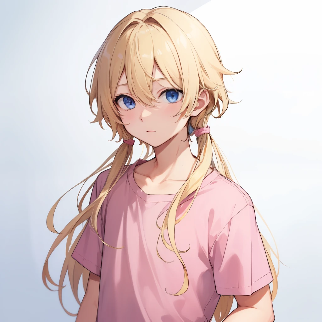 1boy, blonde hair, blue eyes, long hair, pink shirt