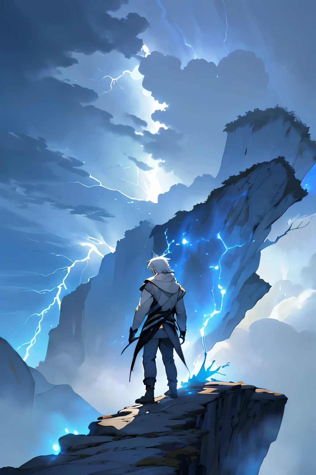 Draw a young man with long, white hair on a cliff looking at the sky while a large, blue lightning strike illuminates him and the sky