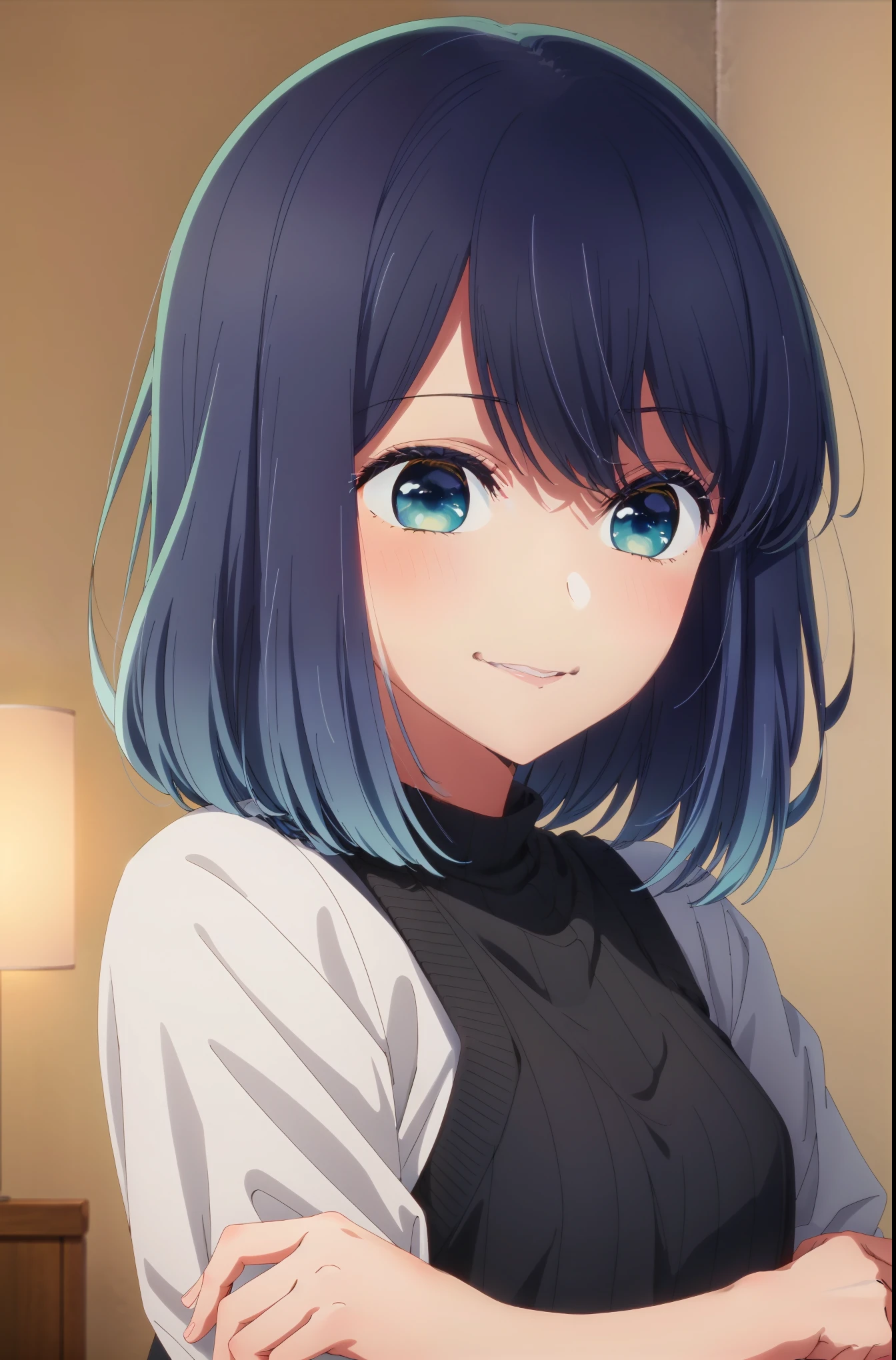 master piece, best quality, 8k, ultra high resolution, highest quality, anime style, best writing, beautiful face,beautiful lighting, 1 girl, alone, Akane, green eyes, blue eyes, multi-colored hair, white shirt, black knit, best smile, make, pink lipstick, inside the room, Anime girl with blue hair and black dress poses for the camera, cute girl anime visual, Smooth anime CG art, anime moe art style, anime girl portrait, anime best girls, beautiful anime portrait, portrait anime girl, かわいいanime girl portrait, Anime visual of a young woman, Detailed portrait of anime girl, cute realistic portrait, cute anime girl portrait