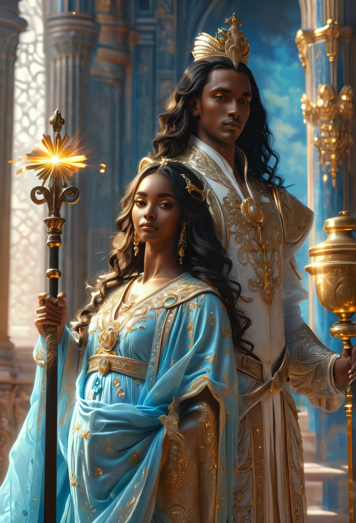 A couple in heavenly palace, two young ((black-skinned)) imperial judges in a celestial court, a beautiful young man with long hair and a beautiful pregnant woman with long hair, holding scepter and lance, visage très fins, visages parfait, corps entier, 8K, extremely detailed, (((high quality, realistic, photorealistic:1.37)))