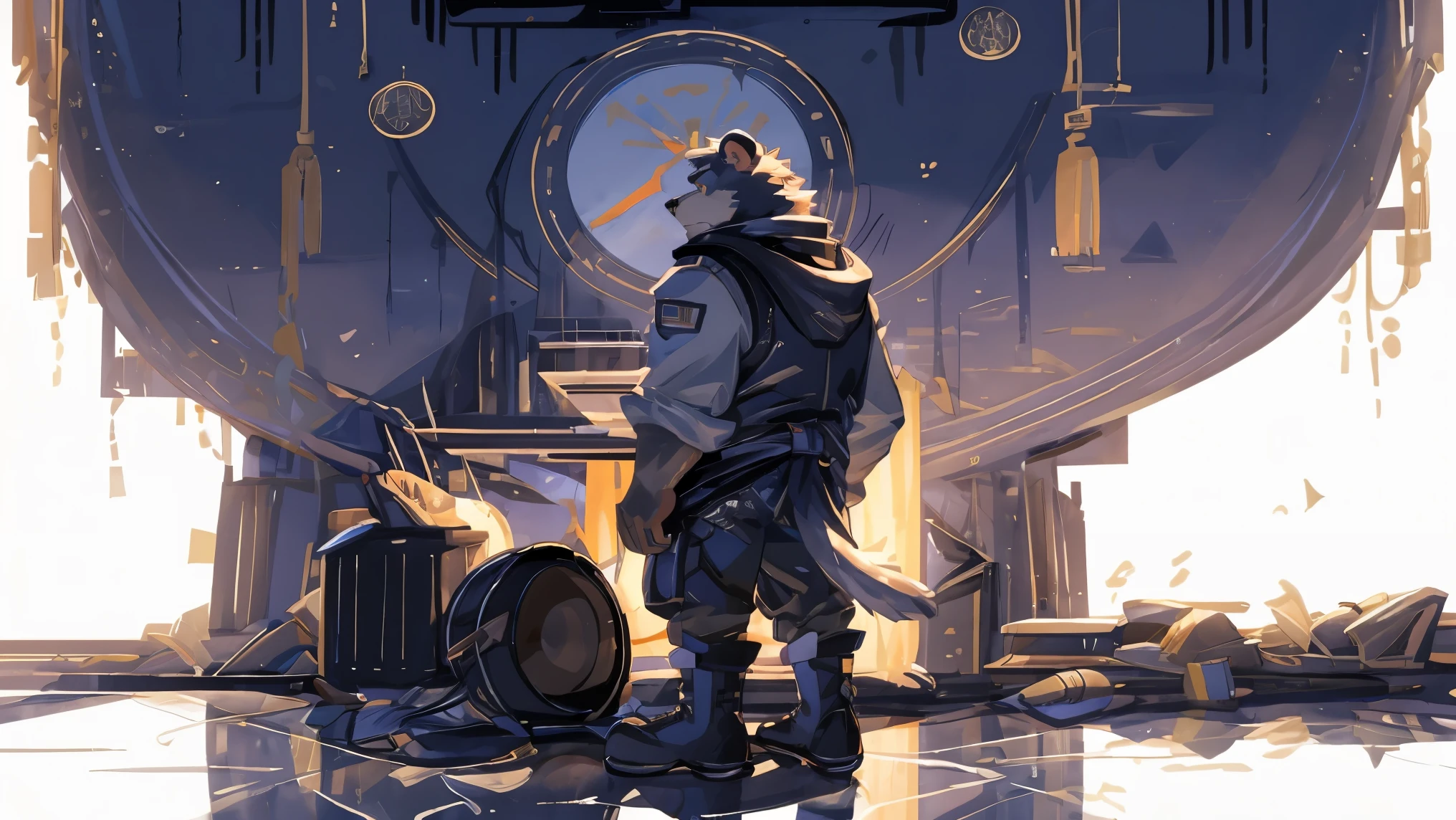  (masterpiece:1.2), best quality,pixiv,official art,(Ray tracing,light),cloudy_Sky,(1_male:1.3), alone, Humanity, (muscle), (gray fur:1.4), (muscle熊), (bear tail), (beard:1.2), halfway, Thick eyebrows, (White background :1.3), black vest, open hoodie, cargo shorts, boots , Salar de Uyuni ,rainy ,reflection