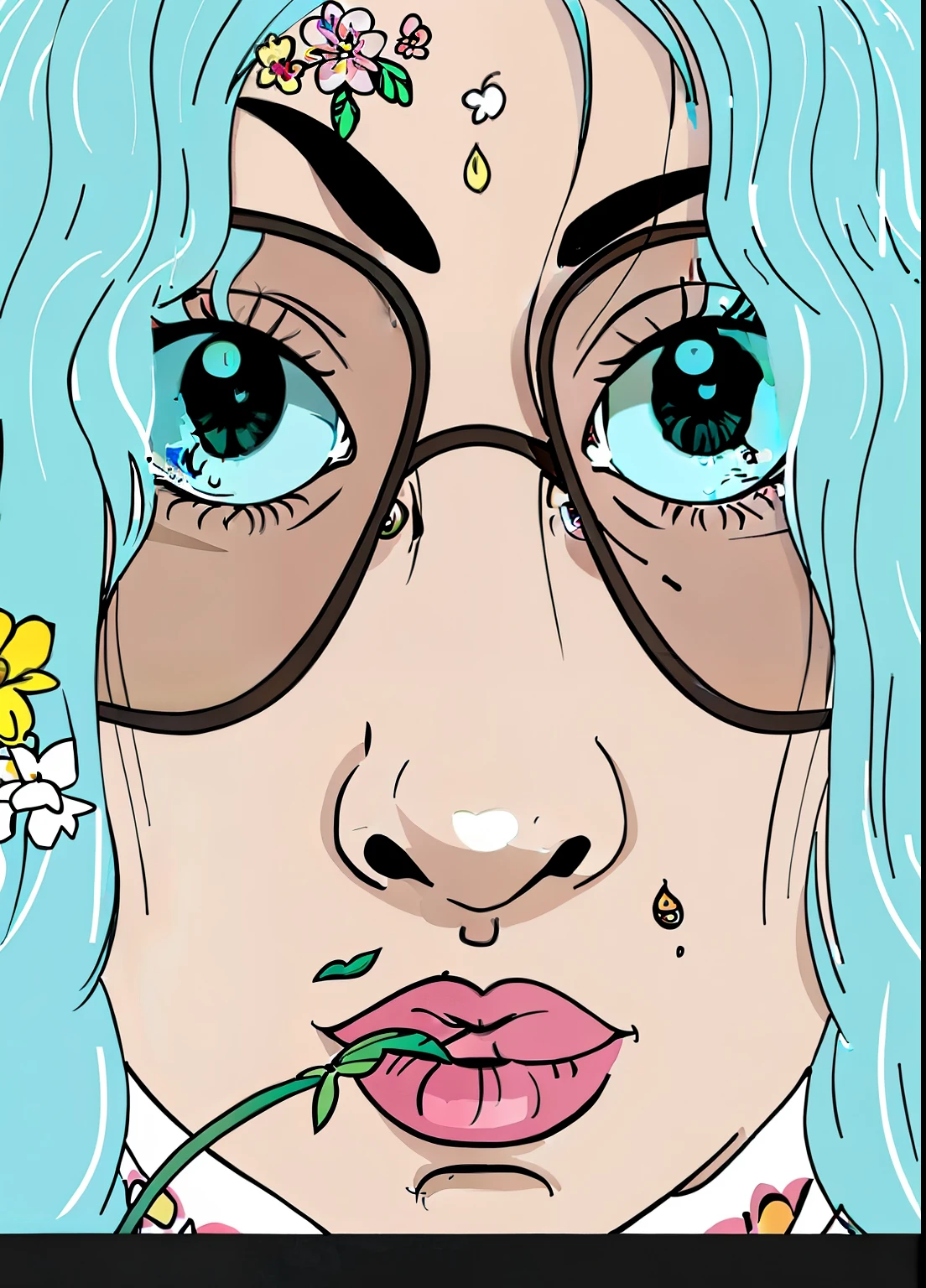 cartoon of a woman with a flower in her mouth and a butterfly on her forehead, nft portrait, closeup character portrait, ahegao face, 2d portrait, lsd face, cartoon artstyle, highly_detailed_face!!!, vaporwave cartoon, in style of digital illustration, lofi portrait, 2 d anime style, highly detailed portrait, lowres