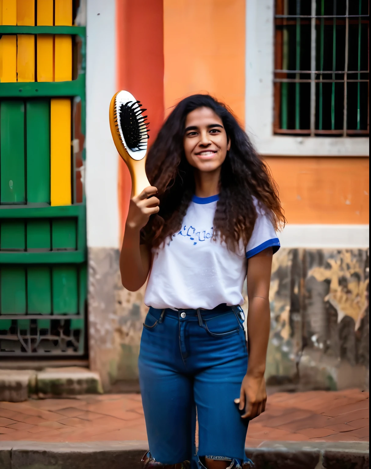 there is a woman with long hair holding a hairbrush, looks like fabiula nascimento, Mulher de 30 anos de Cuba, foto frontal, Alanis Guillen, fernanda suarez, frontal, ayahausca, selfie de uma jovem, Andreia Rocha, Estefânia Villegas Burgos, jovem com longos cabelos escuros