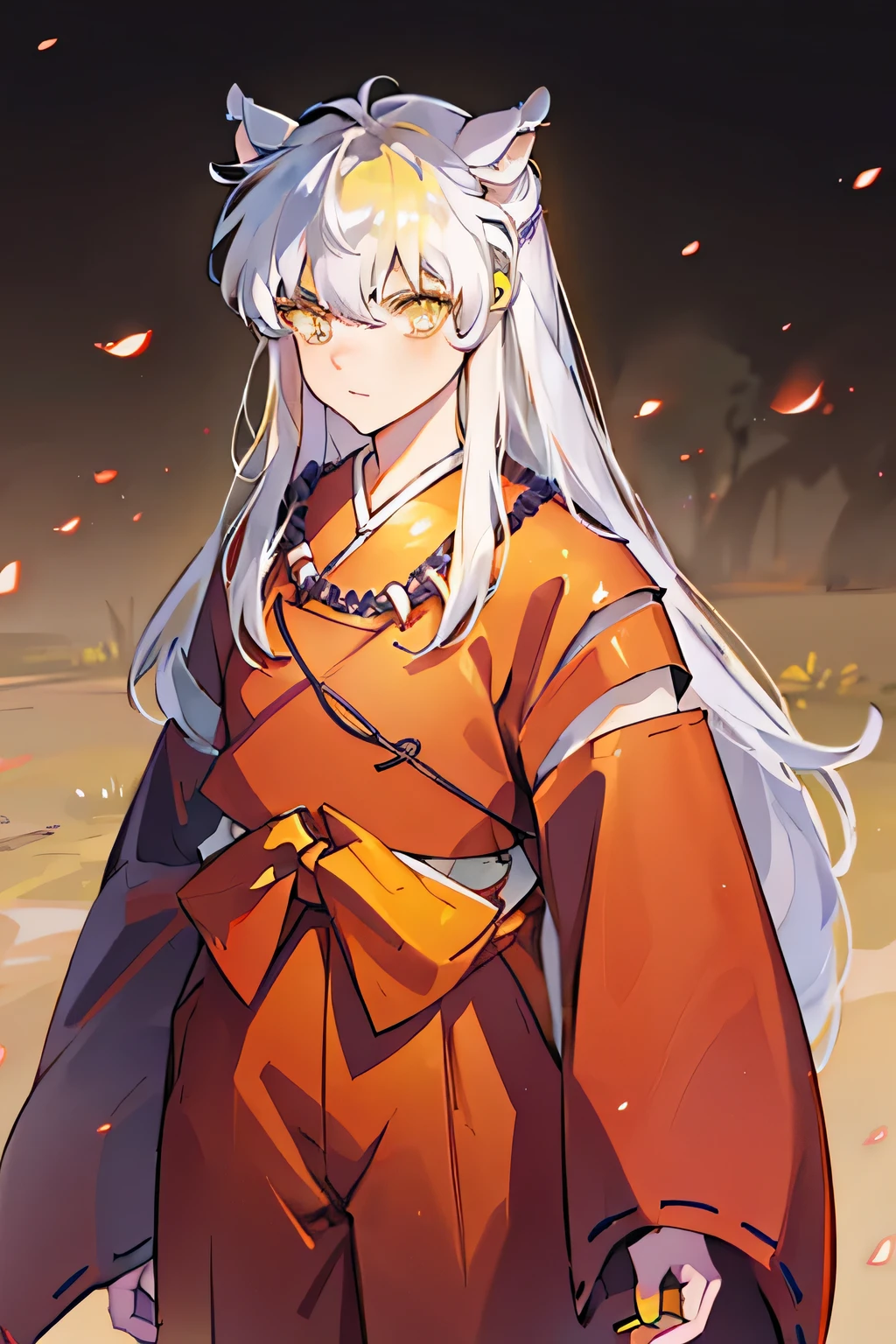 inuyashamc, inuyasha, long hair, animal ears, white hair, male focus,dog ears, (yellow eyes:1.5), BREAK japanese clothes, hakama, red hakama, BREAK outdoors, BREAK looking at viewer, (cowboy shot:1.5), BREAK (masterpiece:1.2), best quality, high resolution, unity 8k wallpaper, (illustration:0.8), (beautiful detailed eyes:1.6), extremely detailed face, perfect lighting, extremely detailed CG, (perfect hands, perfect anatomy),inuyasha official style